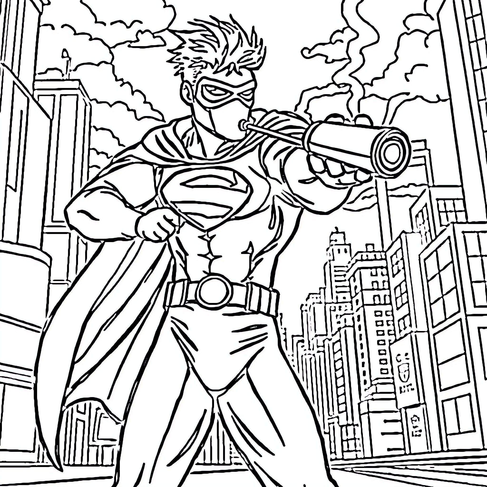 Superhero Battling Villains in the City Coloring Page (free black-and-white line drawing printable PDF for all, from beginners to advanced learners, including children, teens, adults, and seniors)