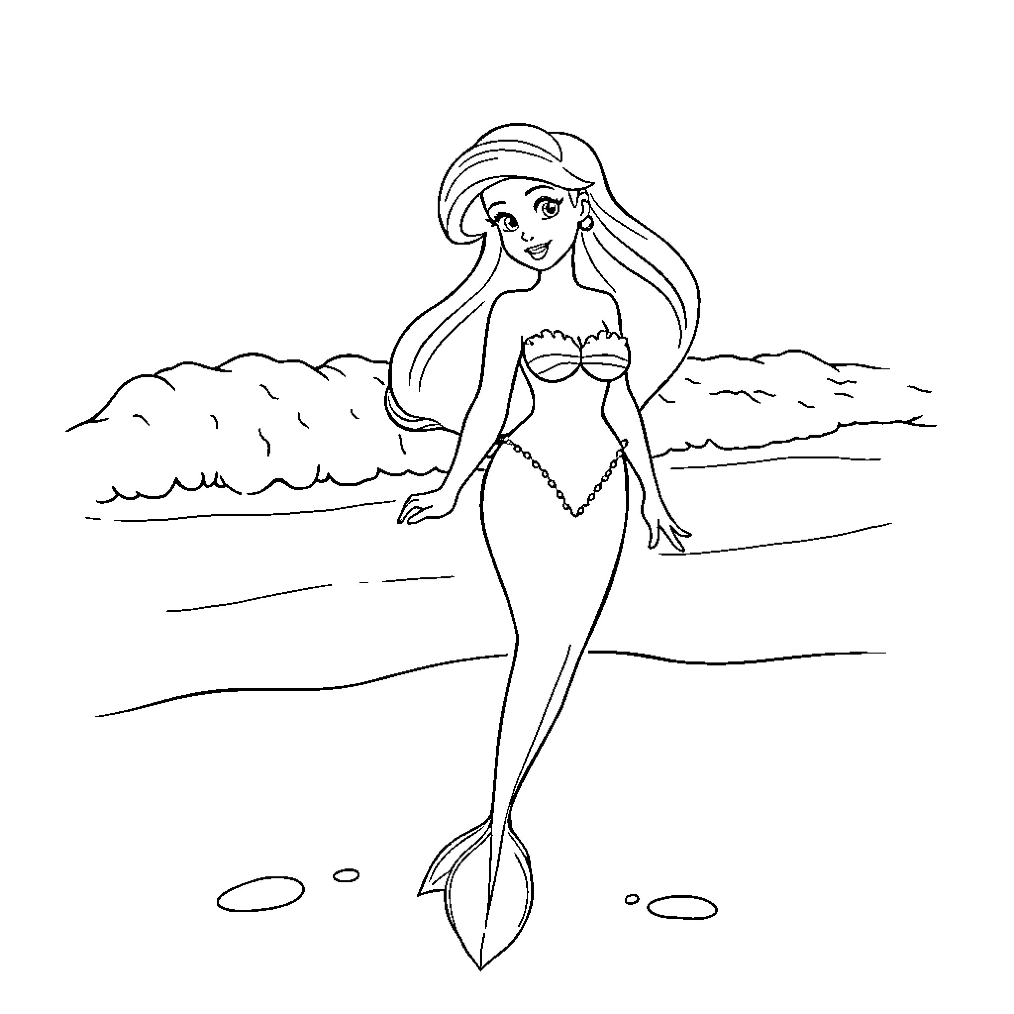Ariel exploring the shoreline as a mermaid Coloring Page (free black-and-white line drawing printable PDF for all, from beginners to advanced learners, including children, teens, adults, and seniors)