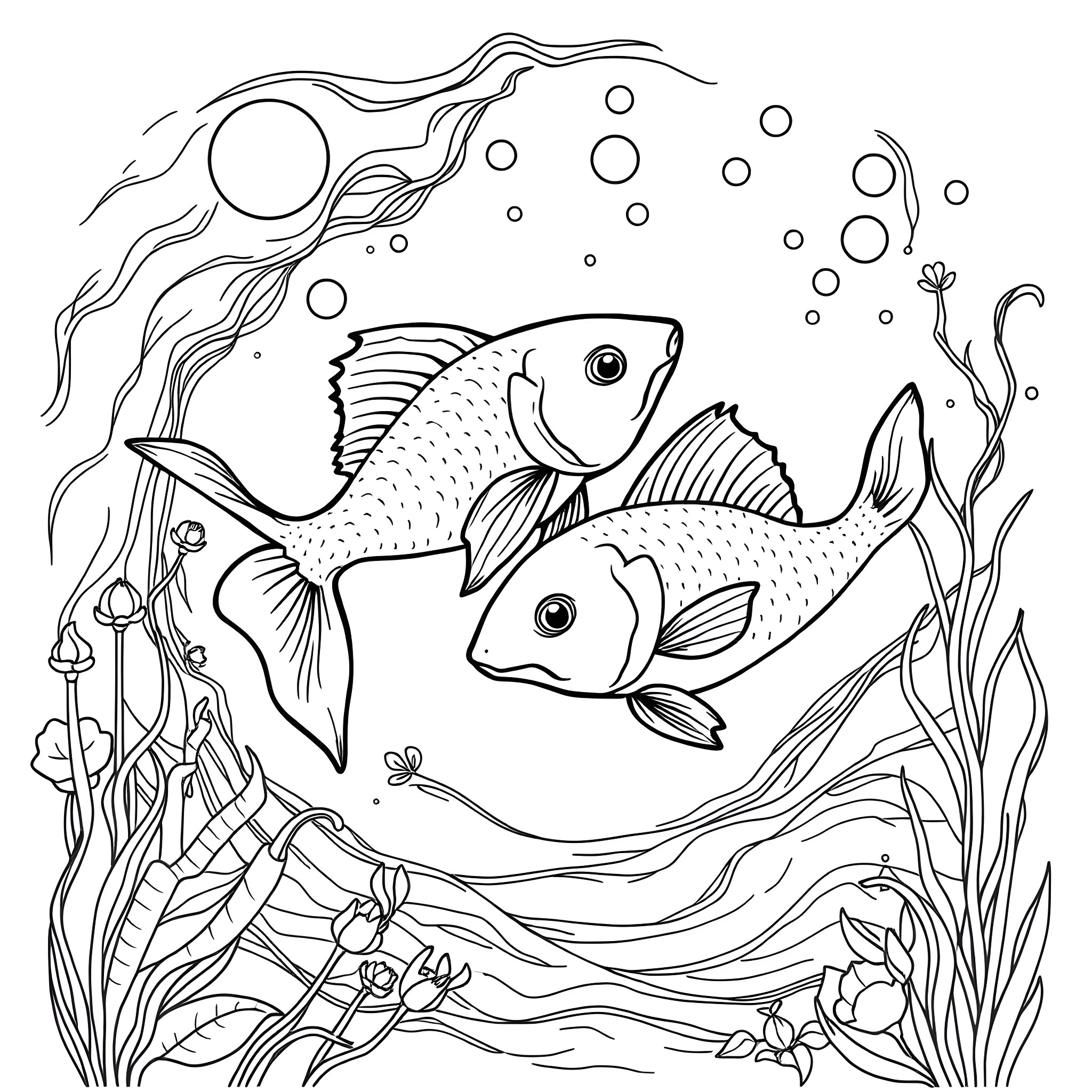 Pisces swimming with playful fish in an underwater scene Coloring Page (free black-and-white line drawing printable PDF for all, from beginners to advanced learners, including children, teens, adults, and seniors)
