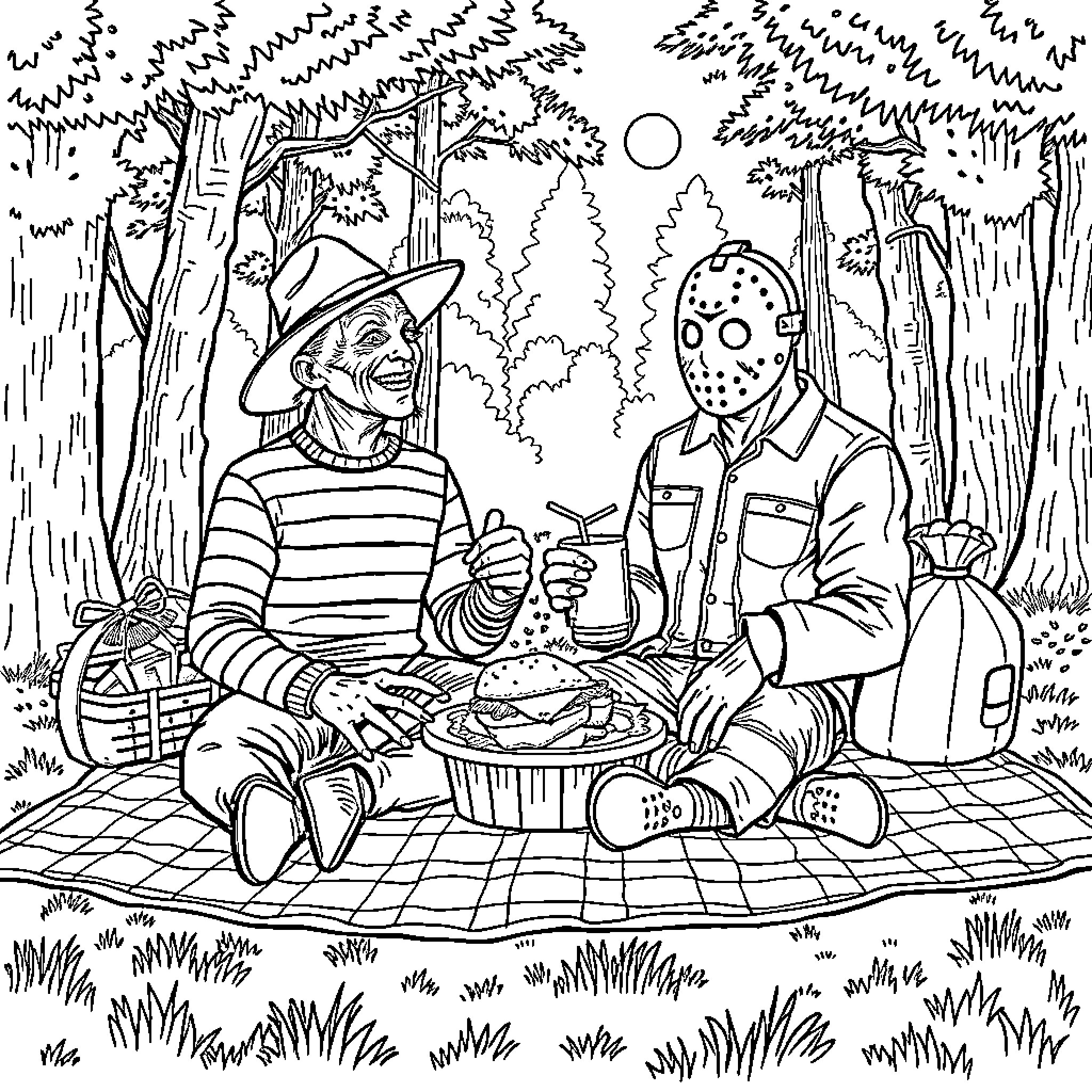 Freddy Krueger and Jason Voorhees having a picnic in the woods Coloring Page (free black-and-white line drawing printable PDF for all, from beginners to advanced learners, including children, teens, adults, and seniors)