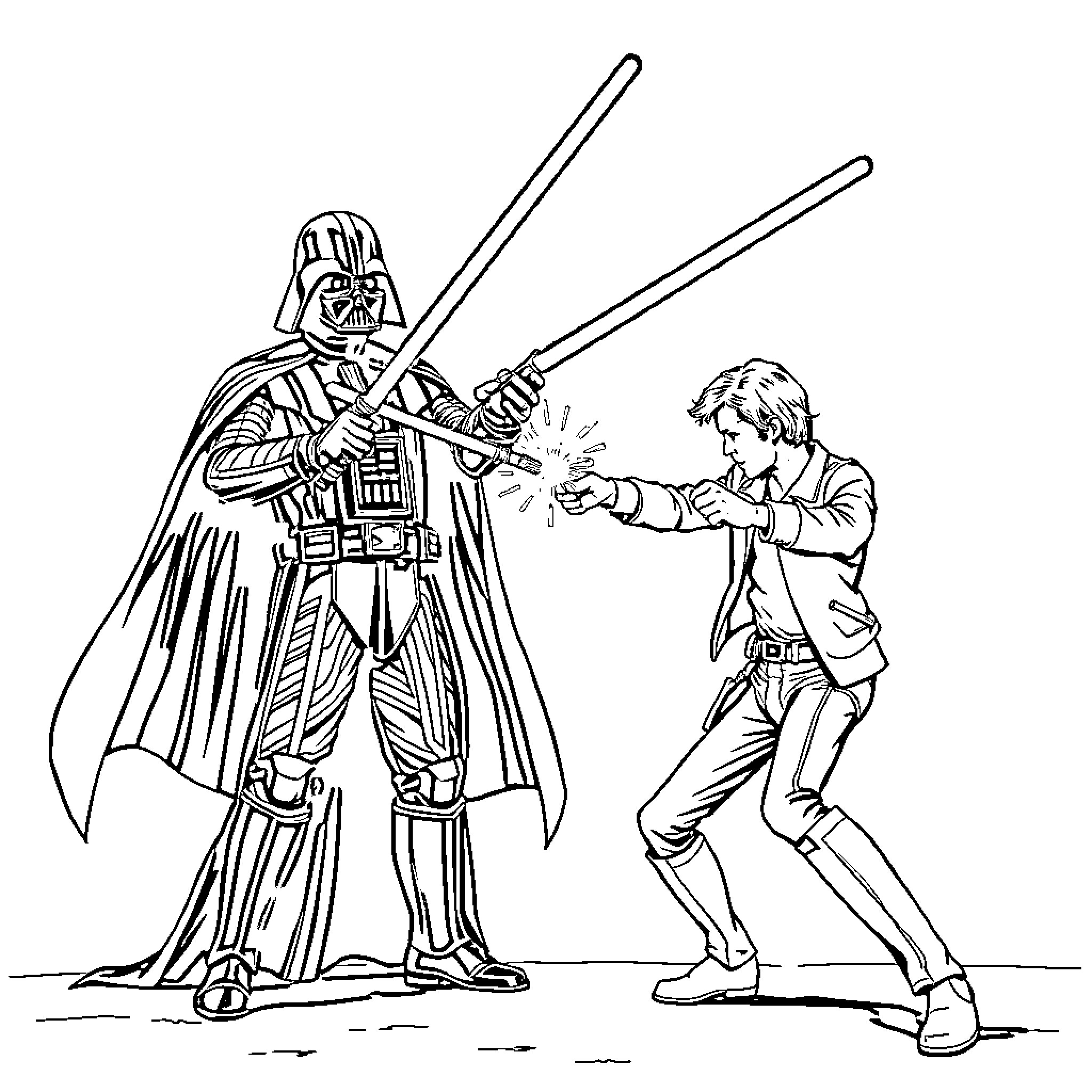 Han Solo facing off against Darth Vader in an intense battle Coloring Page (free black-and-white line drawing printable PDF for all, from beginners to advanced learners, including children, teens, adults, and seniors)