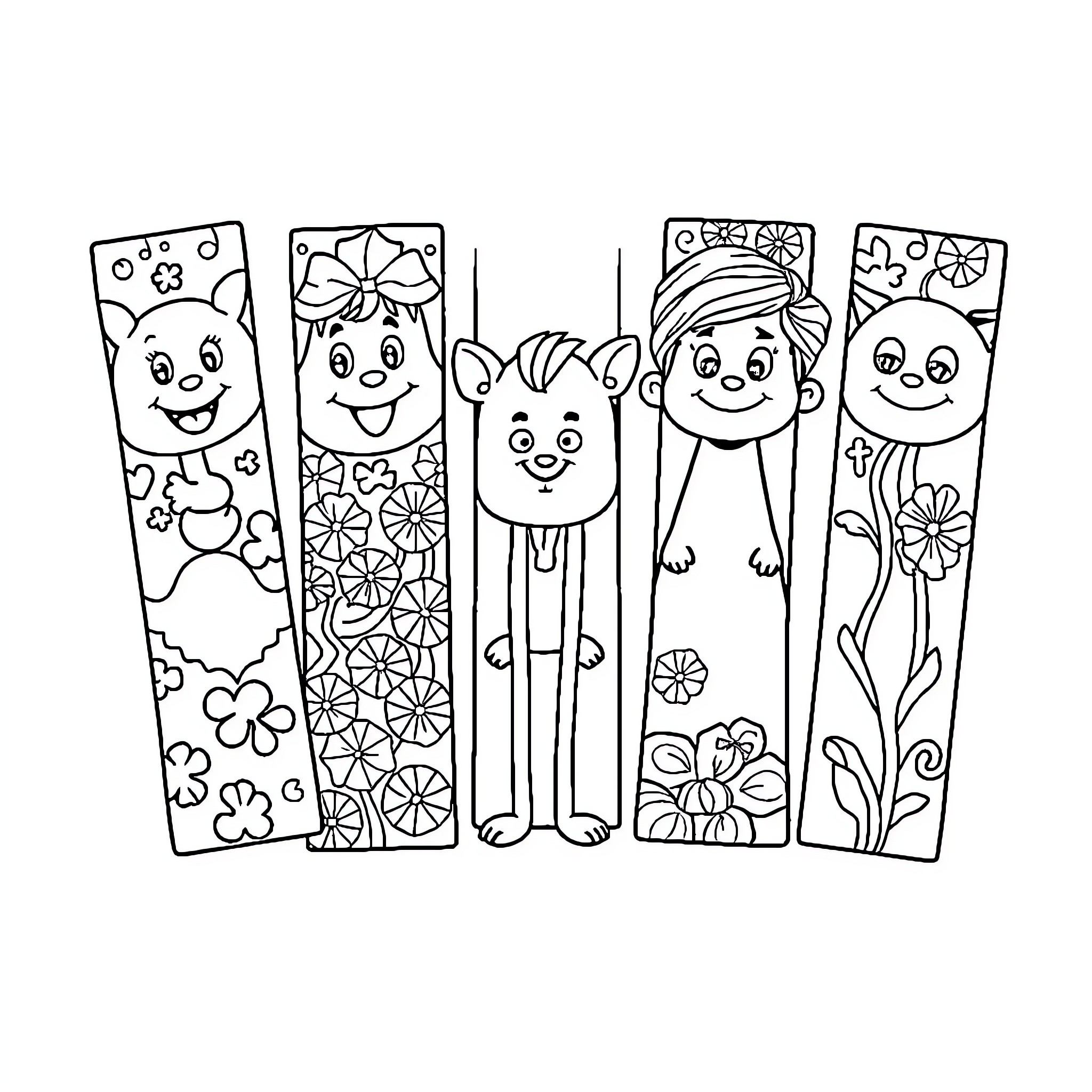 Bookmark Cute Animal Characters in Floral Designs Coloring Page (free black-and-white line drawing printable PDF for all, from beginners to advanced learners, including children, teens, adults, and seniors)
