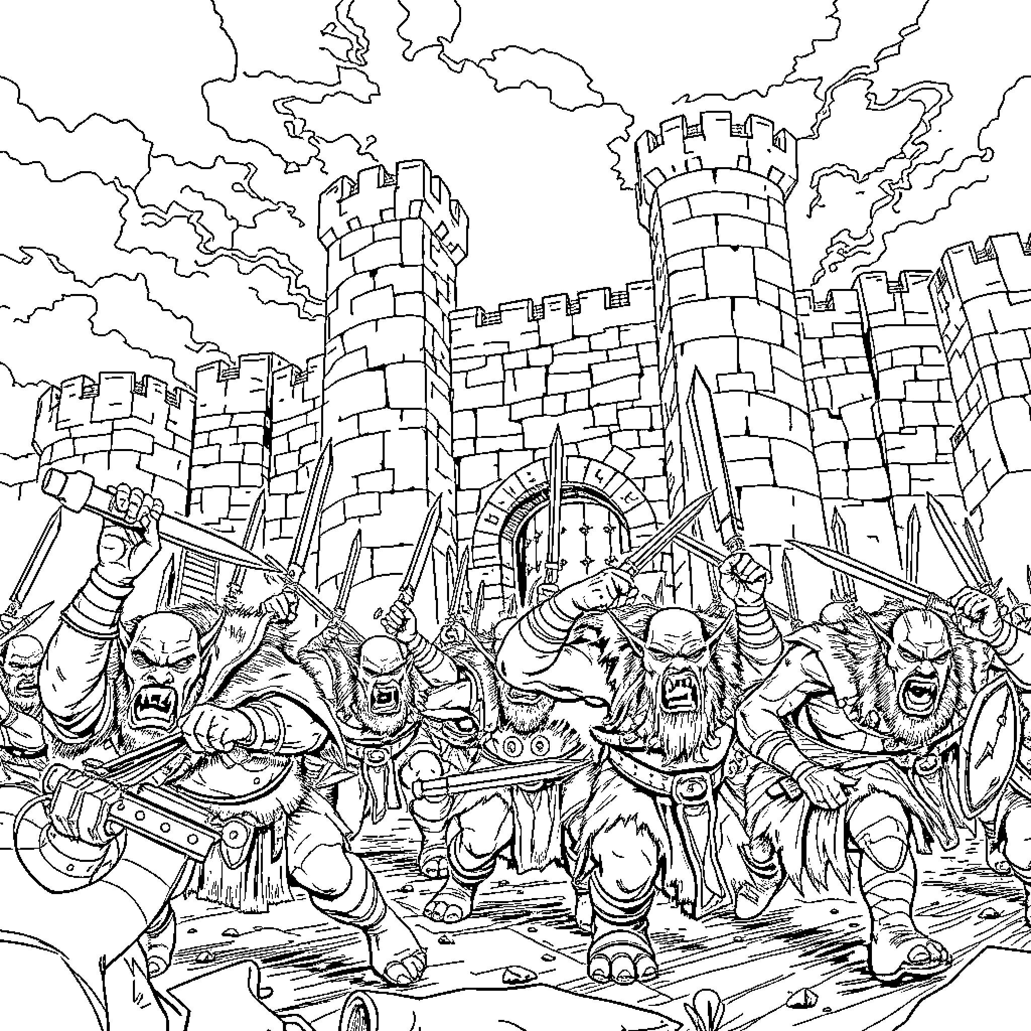 Orc Army Attacking Fortified Castle Coloring Page (free black-and-white line drawing printable PDF for all, from beginners to advanced learners, including children, teens, adults, and seniors)