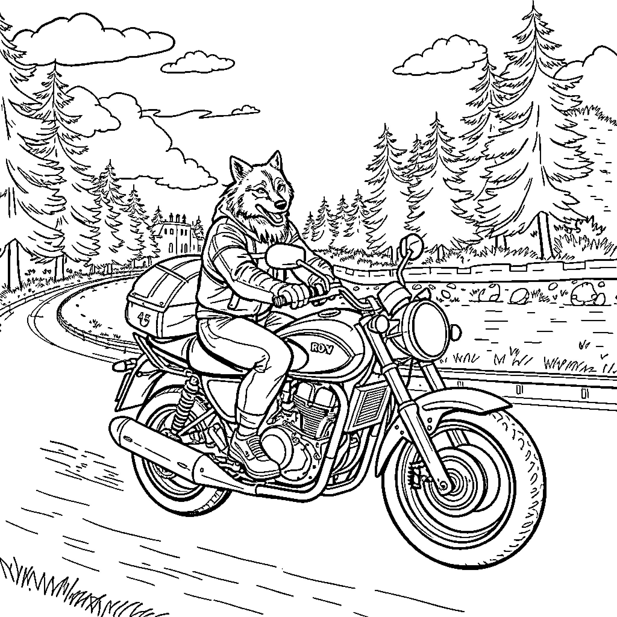 Wolf riding motorcycle through woodland scenery Coloring Page (free black-and-white line drawing printable PDF for all, from beginners to advanced learners, including children, teens, adults, and seniors)