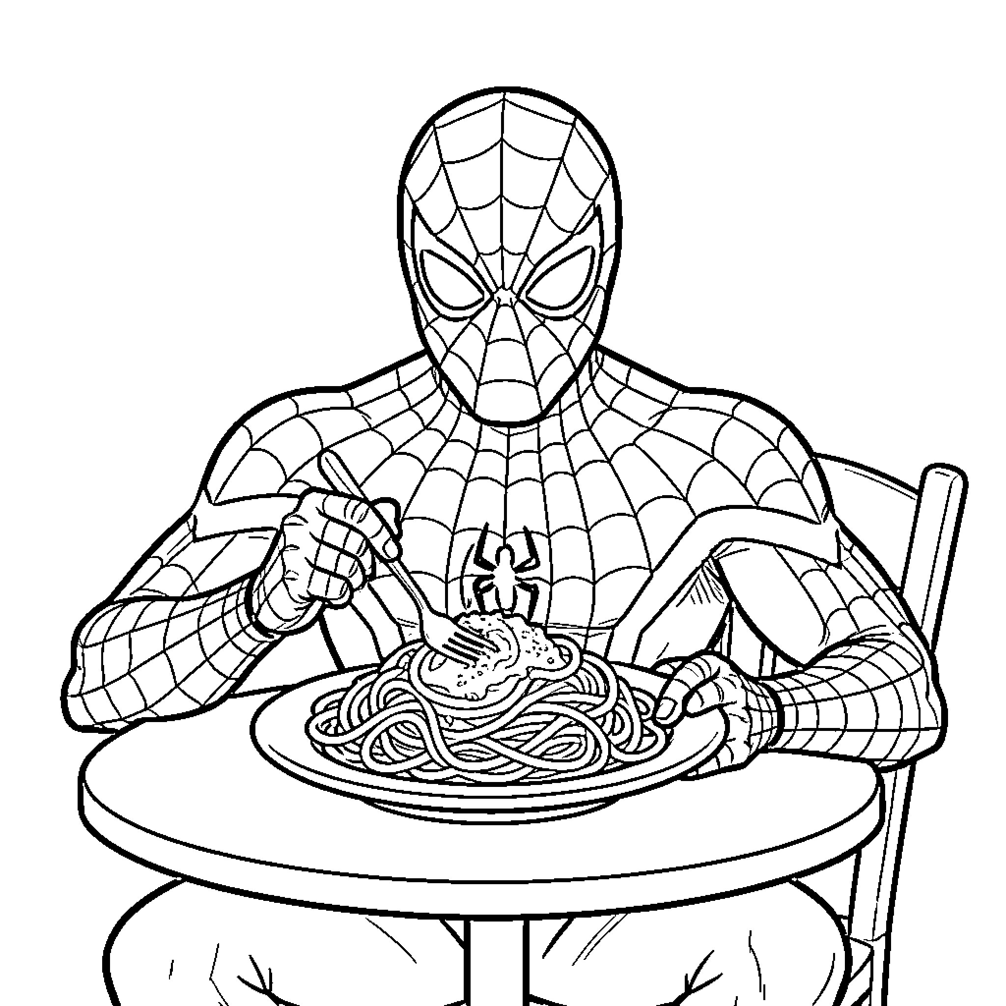 Spiderman eating a large plate of spaghetti Coloring Page (free black-and-white line drawing printable PDF for all, from beginners to advanced learners, including children, teens, adults, and seniors)