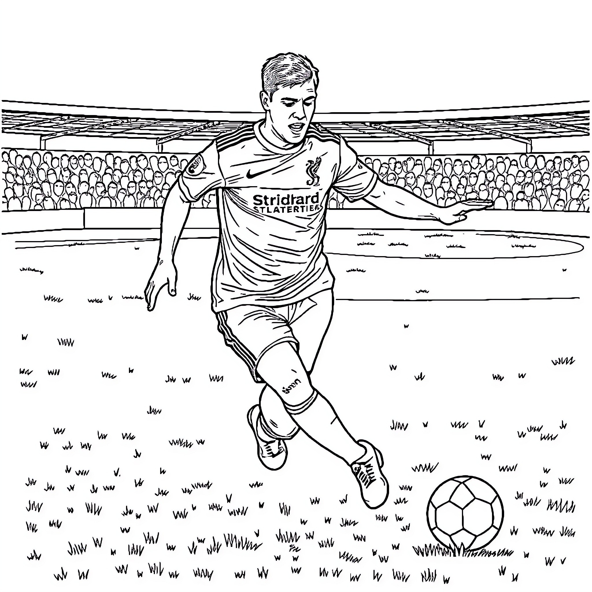 Steven Gerrard in action on the soccer field Coloring Page (free black-and-white line drawing printable PDF for all, from beginners to advanced learners, including children, teens, adults, and seniors)