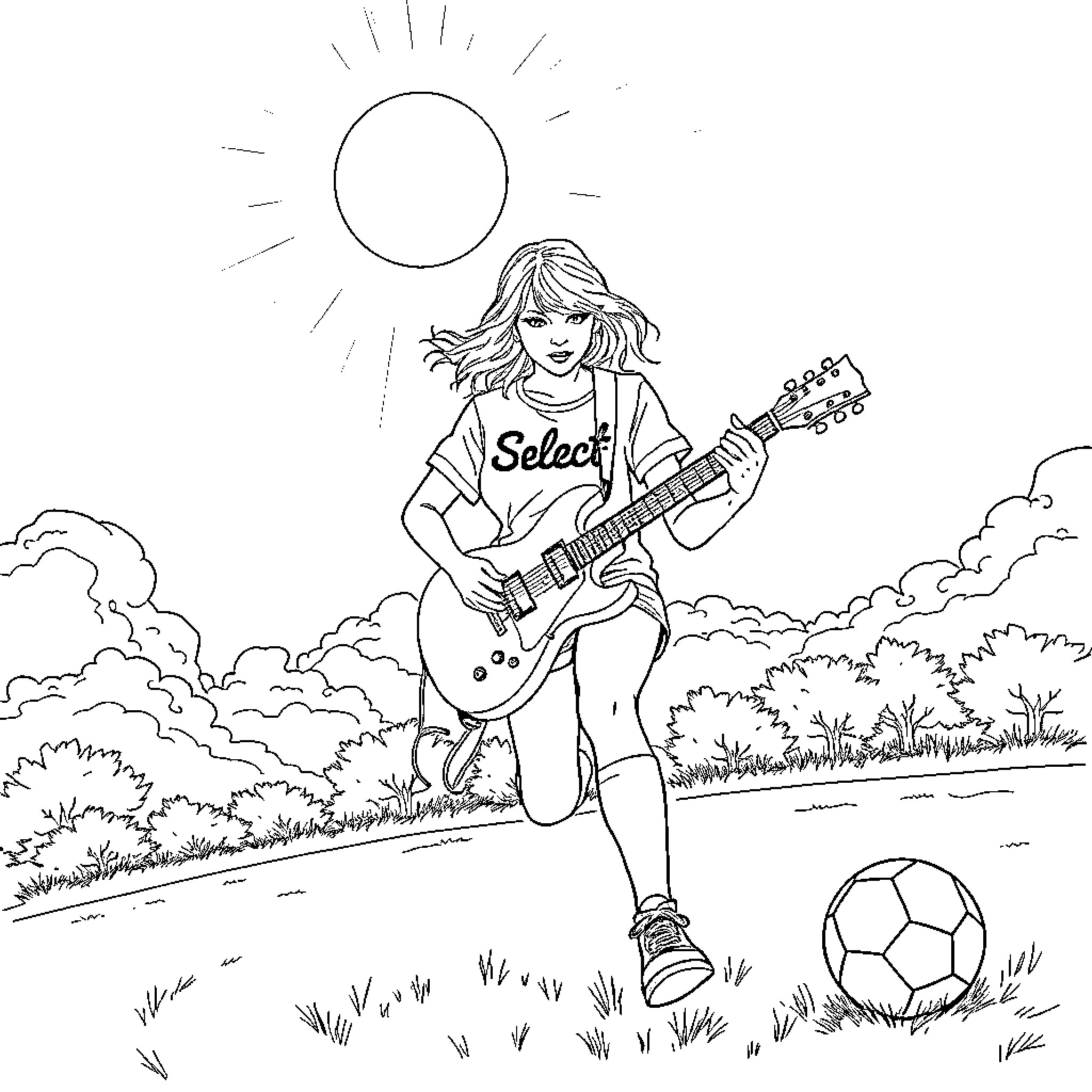 Taylor Swift performing with guitar in nature Coloring Page (free black-and-white line drawing printable PDF for all, from beginners to advanced learners, including children, teens, adults, and seniors)