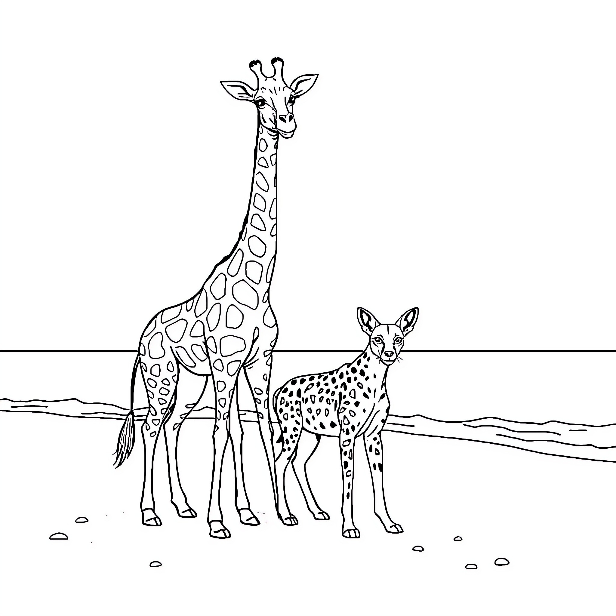 Giraffe and Leopard in the Savanna Coloring Page (free black-and-white line drawing printable PDF for all, from beginners to advanced learners, including children, teens, adults, and seniors)