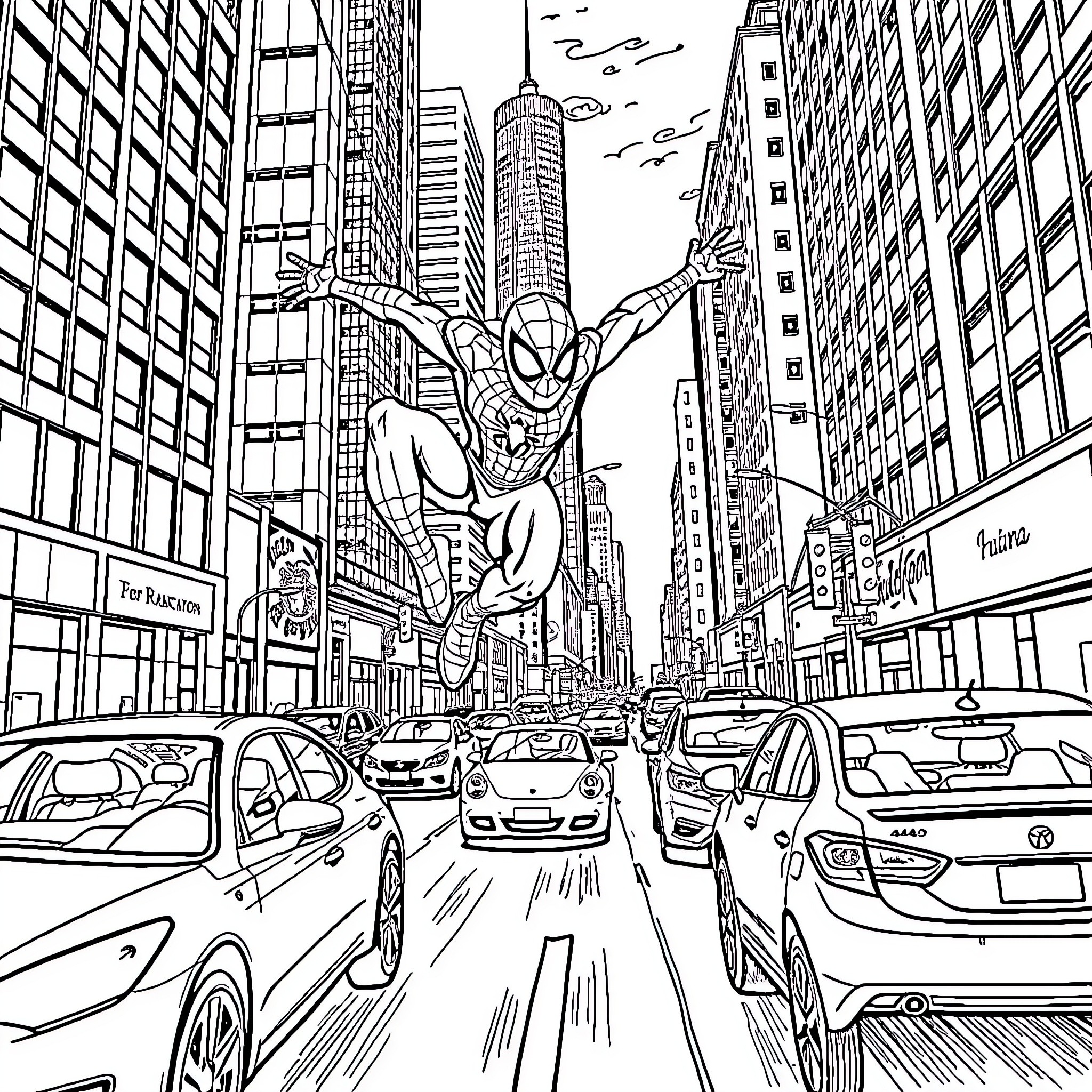 Spider-Man swinging through a busy city street Coloring Page (free black-and-white line drawing printable PDF for all, from beginners to advanced learners, including children, teens, adults, and seniors)