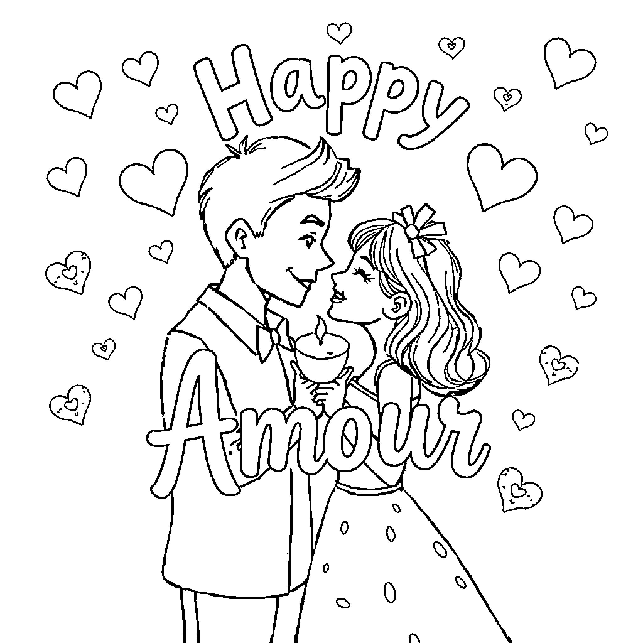 Birthday celebration of loving couple Coloring Page (free black-and-white line drawing printable PDF for all, from beginners to advanced learners, including children, teens, adults, and seniors)