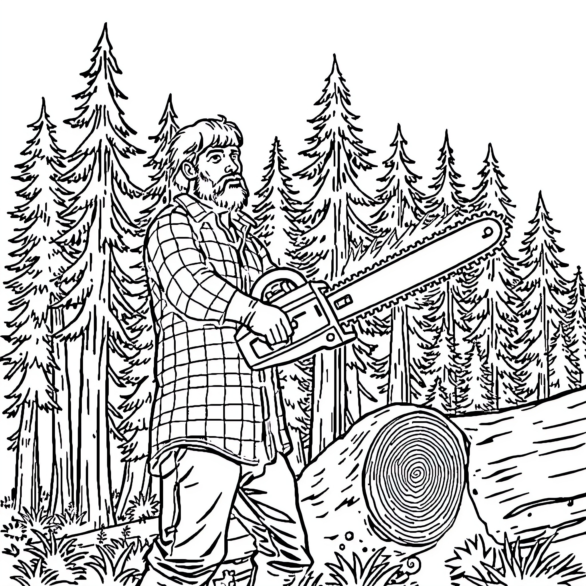 Redneck lumberjack wielding a chainsaw in the forest Coloring Page (free black-and-white line drawing printable PDF for all, from beginners to advanced learners, including children, teens, adults, and seniors)