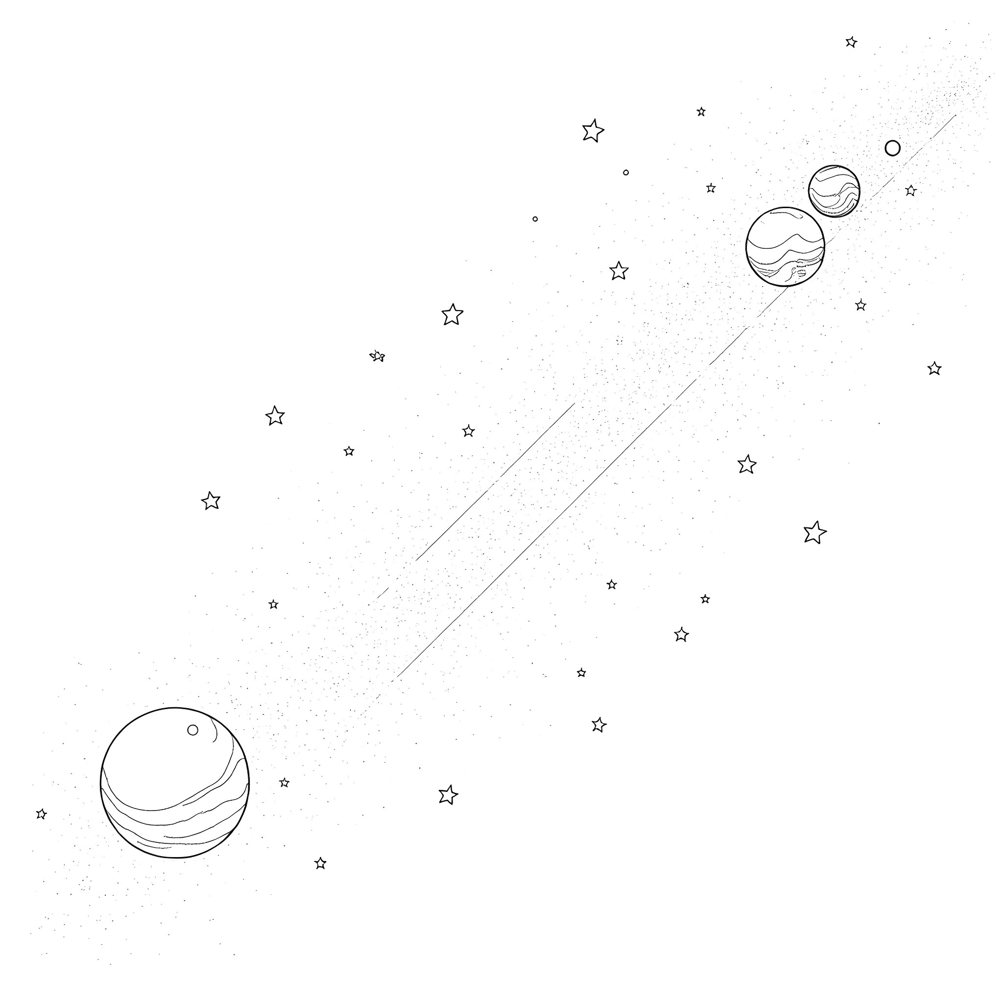 Galaxy with floating planets and shooting stars Coloring Page (free black-and-white line drawing printable PDF for all, from beginners to advanced learners, including children, teens, adults, and seniors)