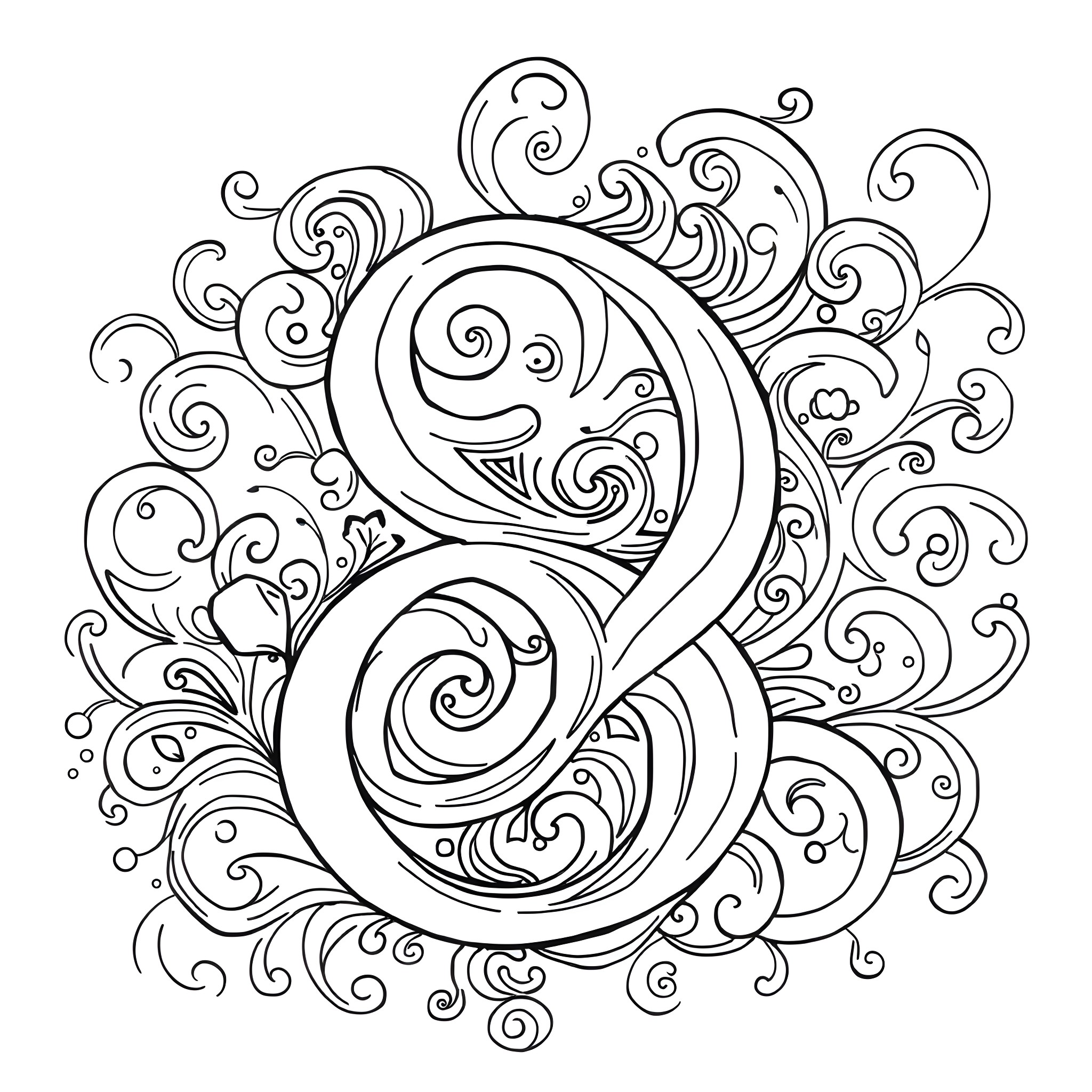 Swirling Shapes and Spirals Coloring Page (free black-and-white line drawing printable PDF for all, from beginners to advanced learners, including children, teens, adults, and seniors)