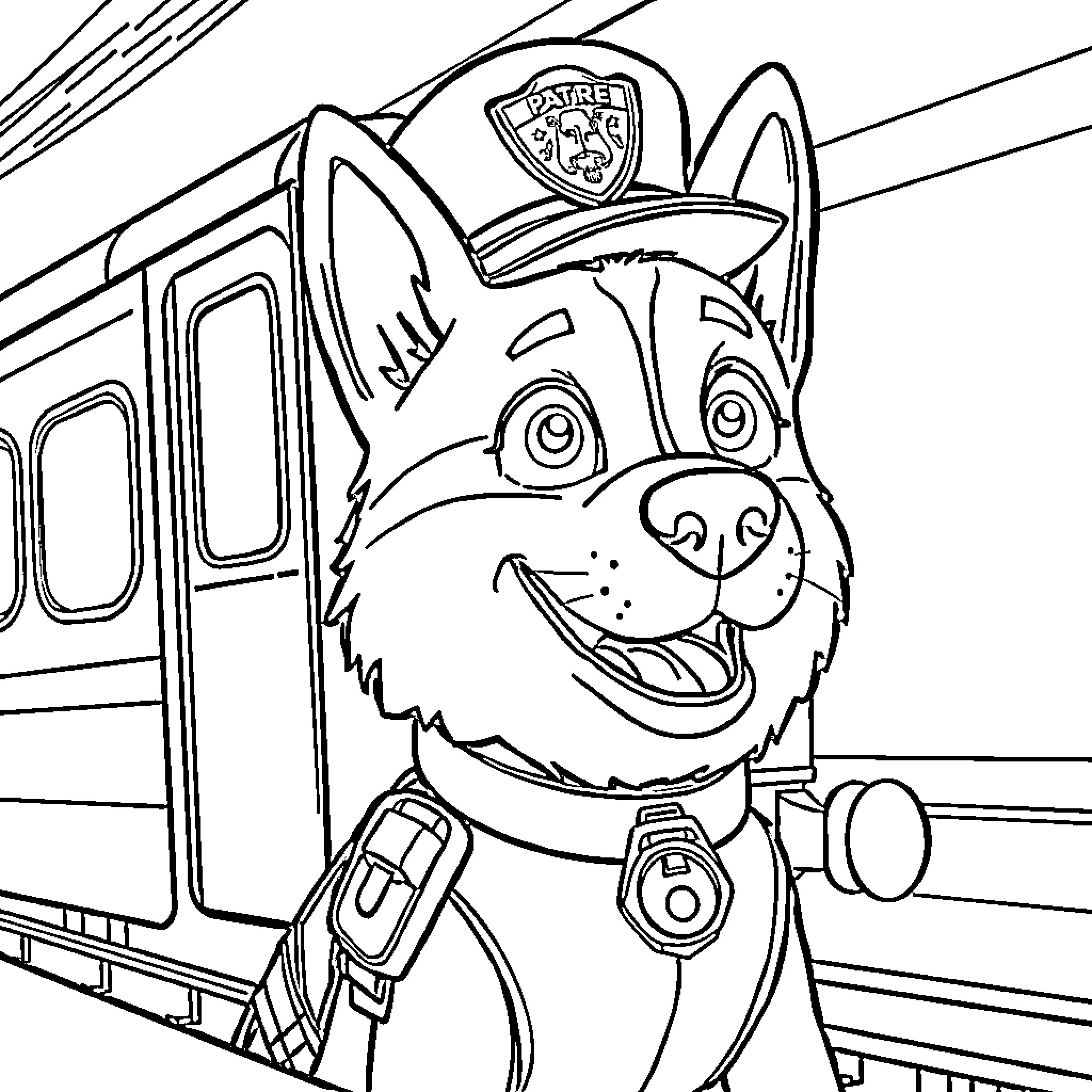 Train Patrol Dog in Uniform Riding on Train Coloring Page (free black-and-white line drawing printable PDF for all, from beginners to advanced learners, including children, teens, adults, and seniors)