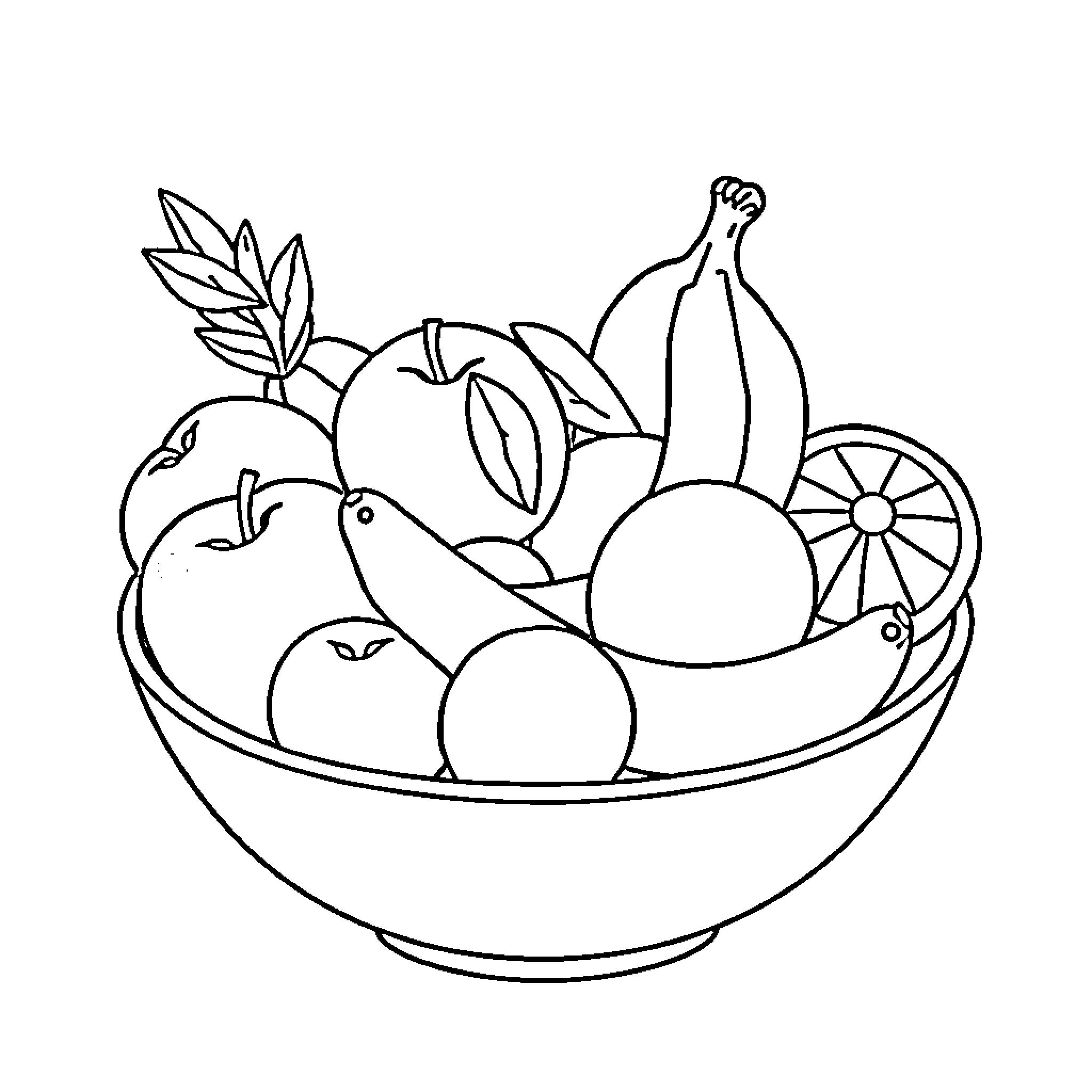 Fruit Bowl with Assorted Produce Coloring Page (free black-and-white line drawing printable PDF for all, from beginners to advanced learners, including children, teens, adults, and seniors)