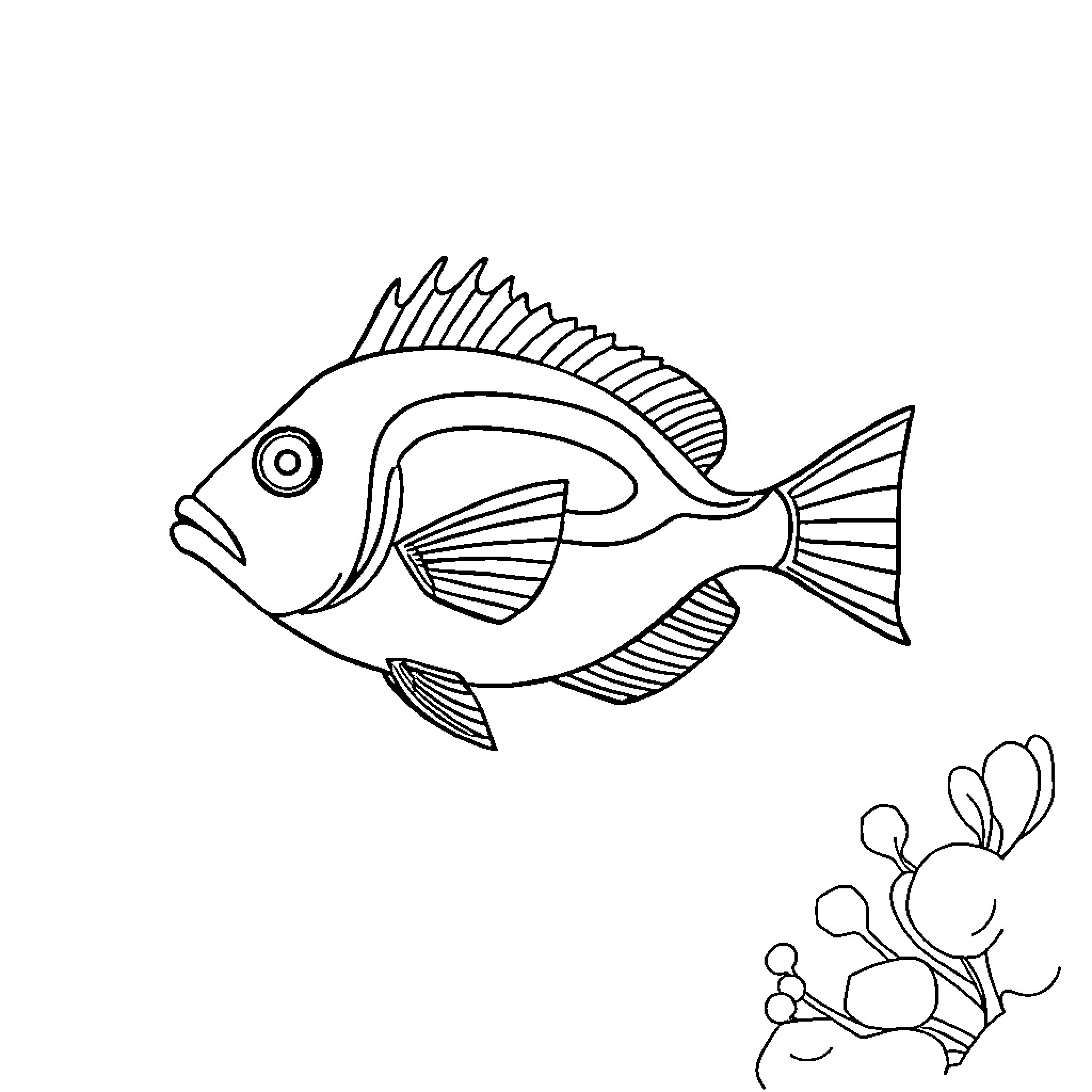Triggerfish swimming through coral reef Coloring Page (free black-and-white line drawing printable PDF for all, from beginners to advanced learners, including children, teens, adults, and seniors)