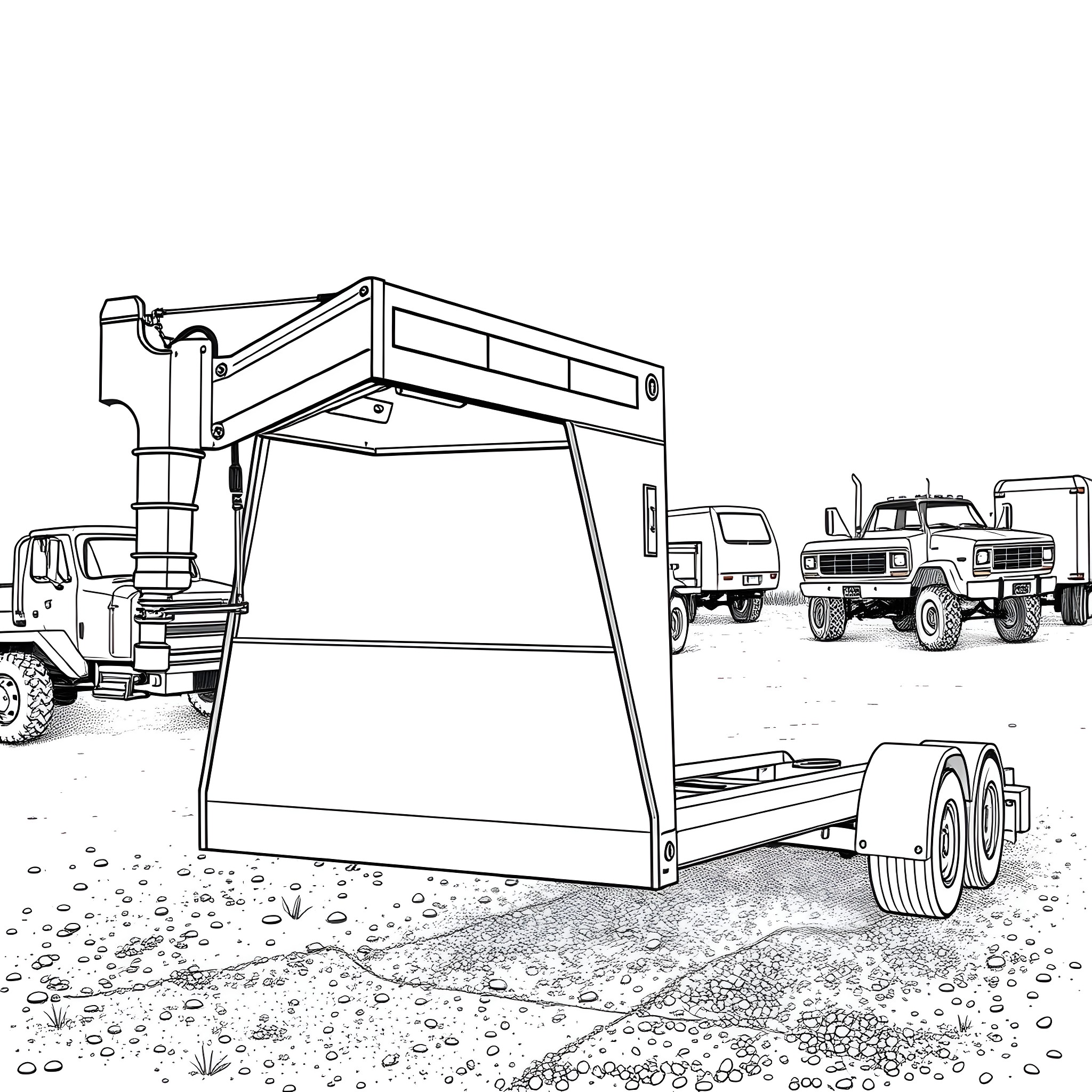 Gooseneck Trailer with Machinery on Construction Site Coloring Page (free black-and-white line drawing printable PDF for all, from beginners to advanced learners, including children, teens, adults, and seniors)