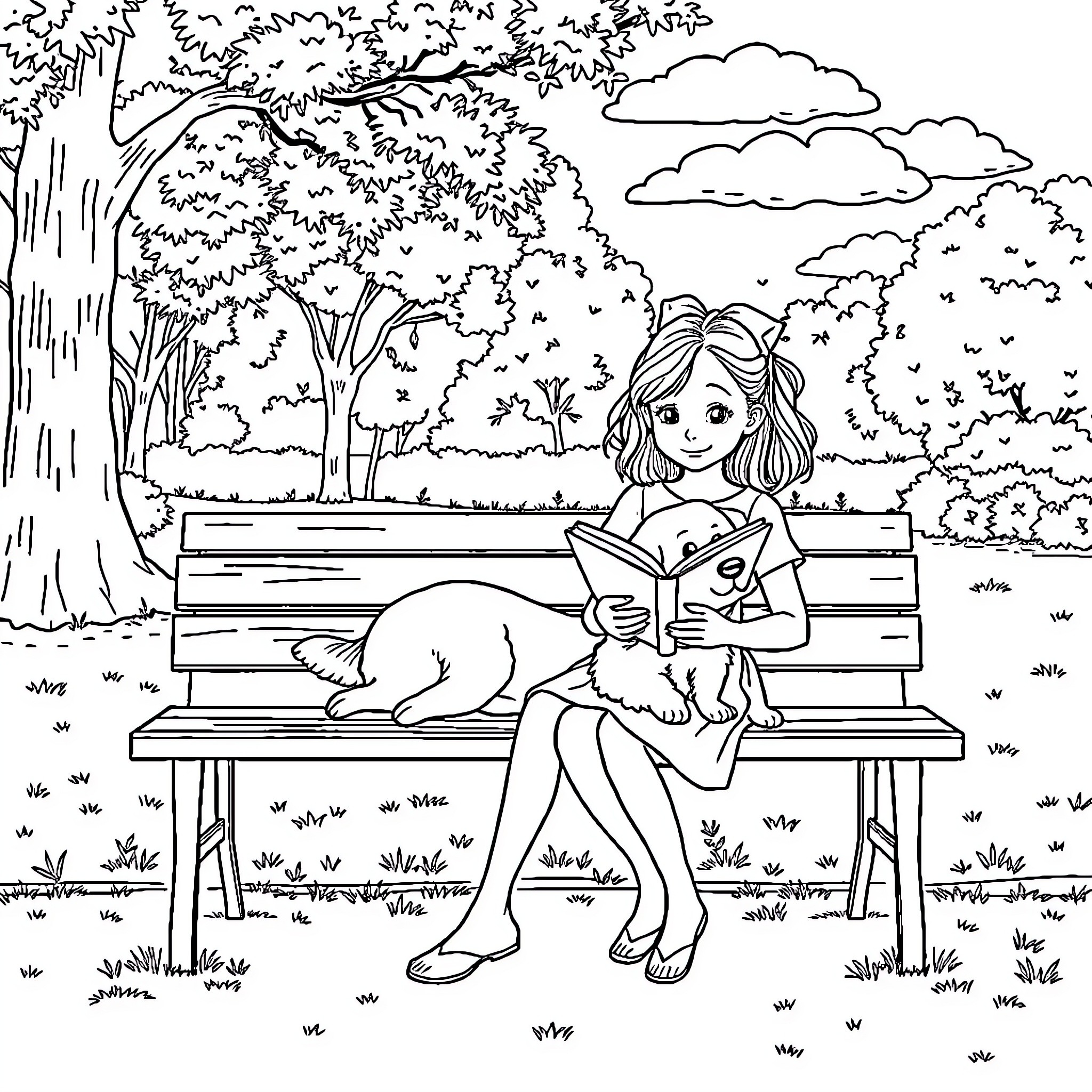 Girl reading book in tranquil park Coloring Page (free black-and-white line drawing printable PDF for all, from beginners to advanced learners, including children, teens, adults, and seniors)