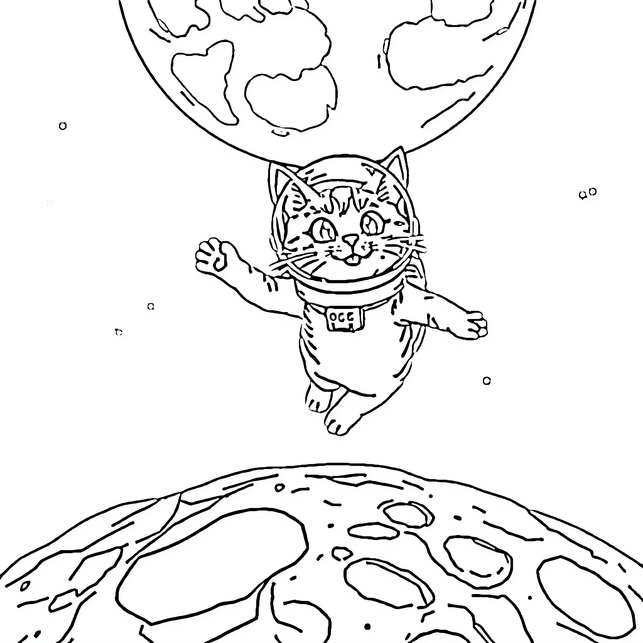 Calico Cat Exploring the Cosmos Coloring Page (free black-and-white line drawing printable PDF for all, from beginners to advanced learners, including children, teens, adults, and seniors)