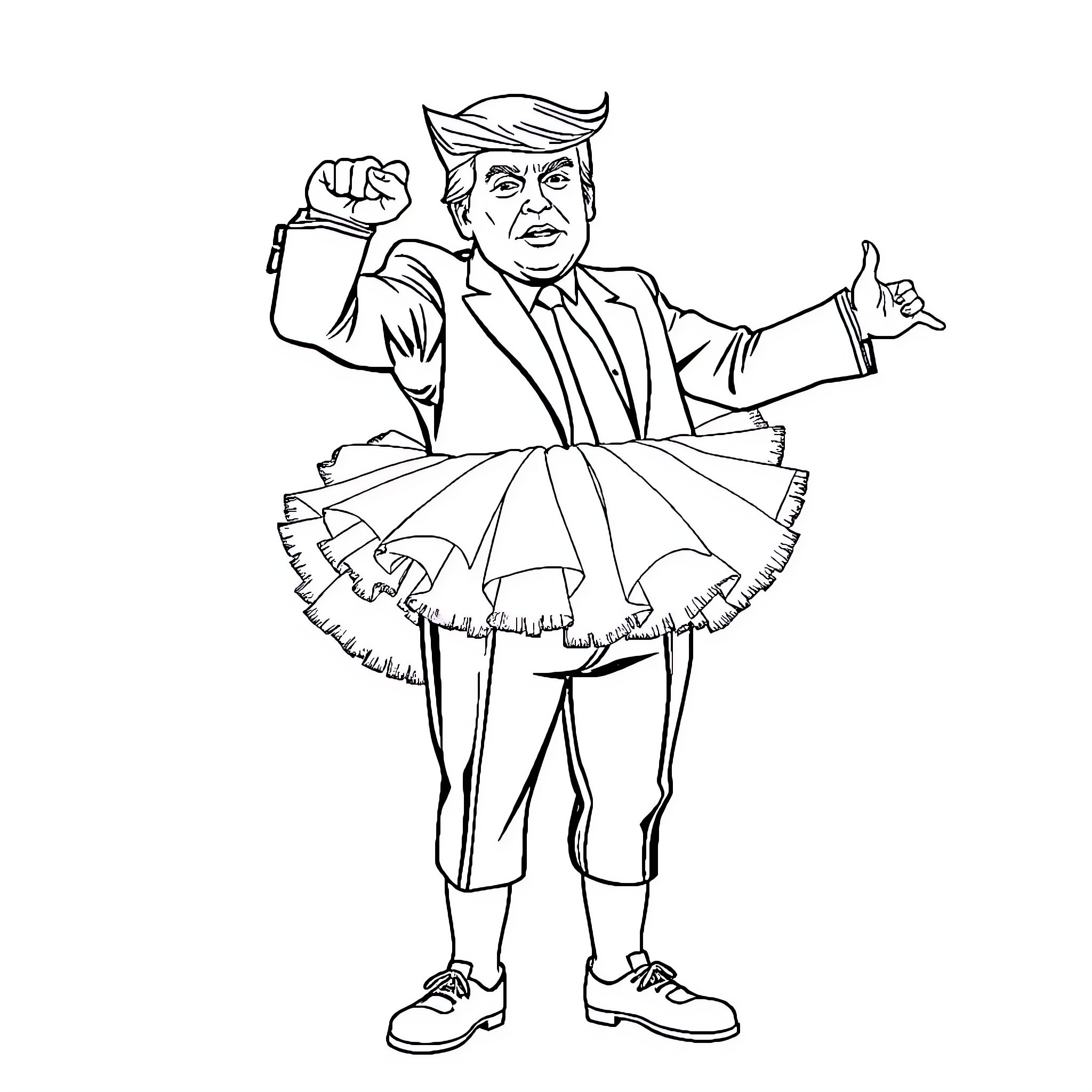 Donald Trump Striking a Defiant Pose in Formal Attire Coloring Page (free black-and-white line drawing printable PDF for all, from beginners to advanced learners, including children, teens, adults, and seniors)