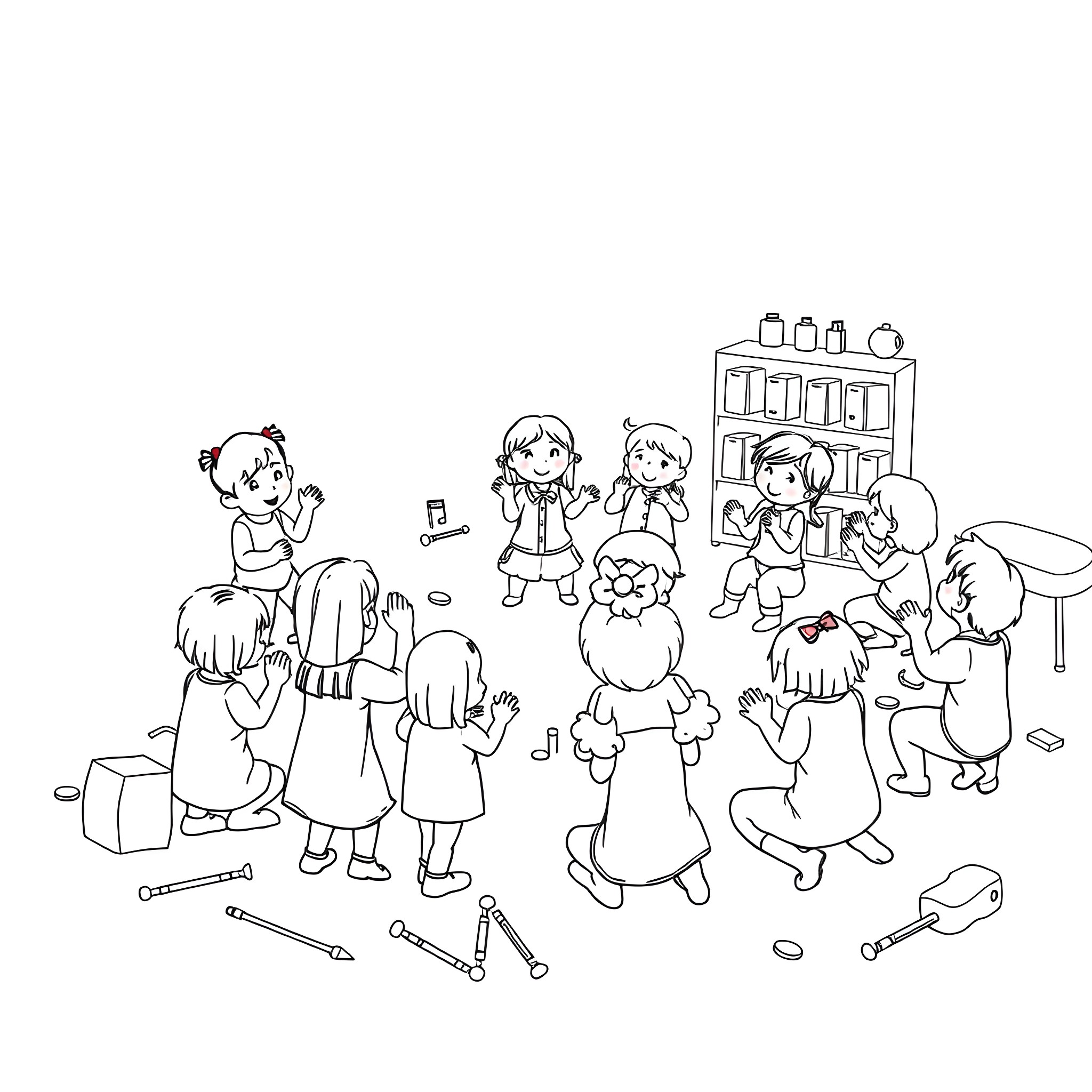 Music group performing with lively expressions Coloring Page (free black-and-white line drawing printable PDF for all, from beginners to advanced learners, including children, teens, adults, and seniors)