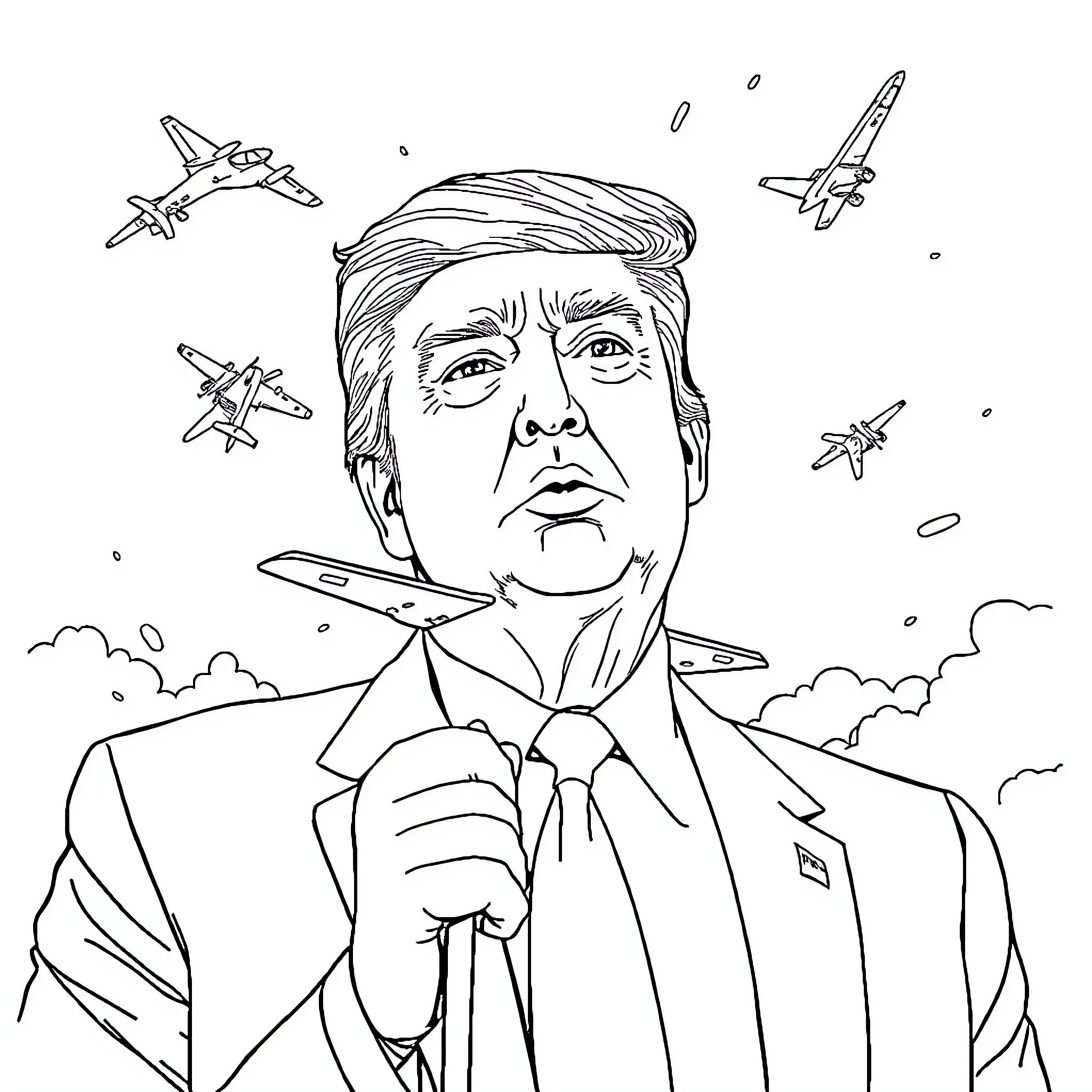 Trump confronting airborne threats with determination Coloring Page (free black-and-white line drawing printable PDF for all, from beginners to advanced learners, including children, teens, adults, and seniors)