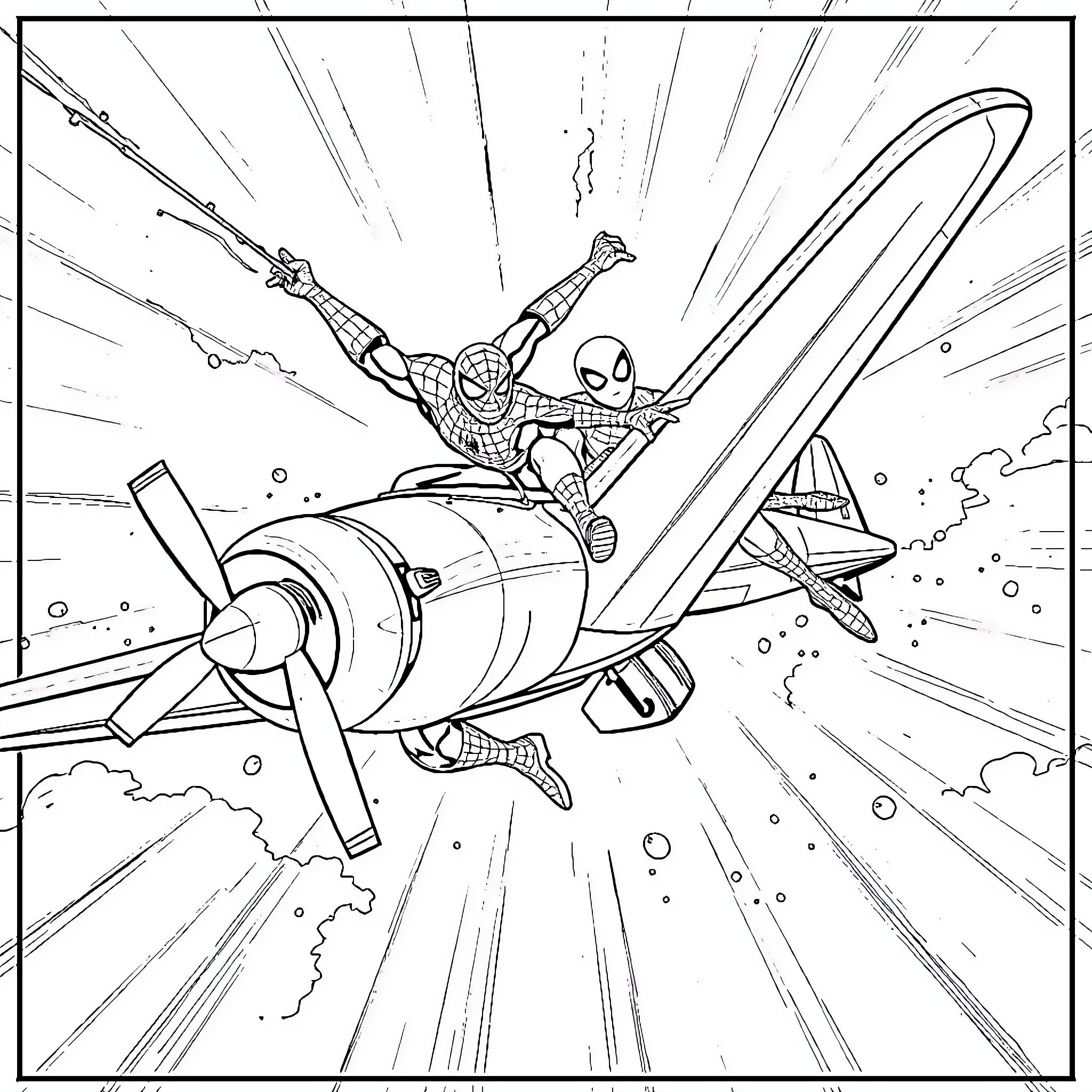 Spidey saves the day in a high-speed adventure Coloring Page (free black-and-white line drawing printable PDF for all, from beginners to advanced learners, including children, teens, adults, and seniors)