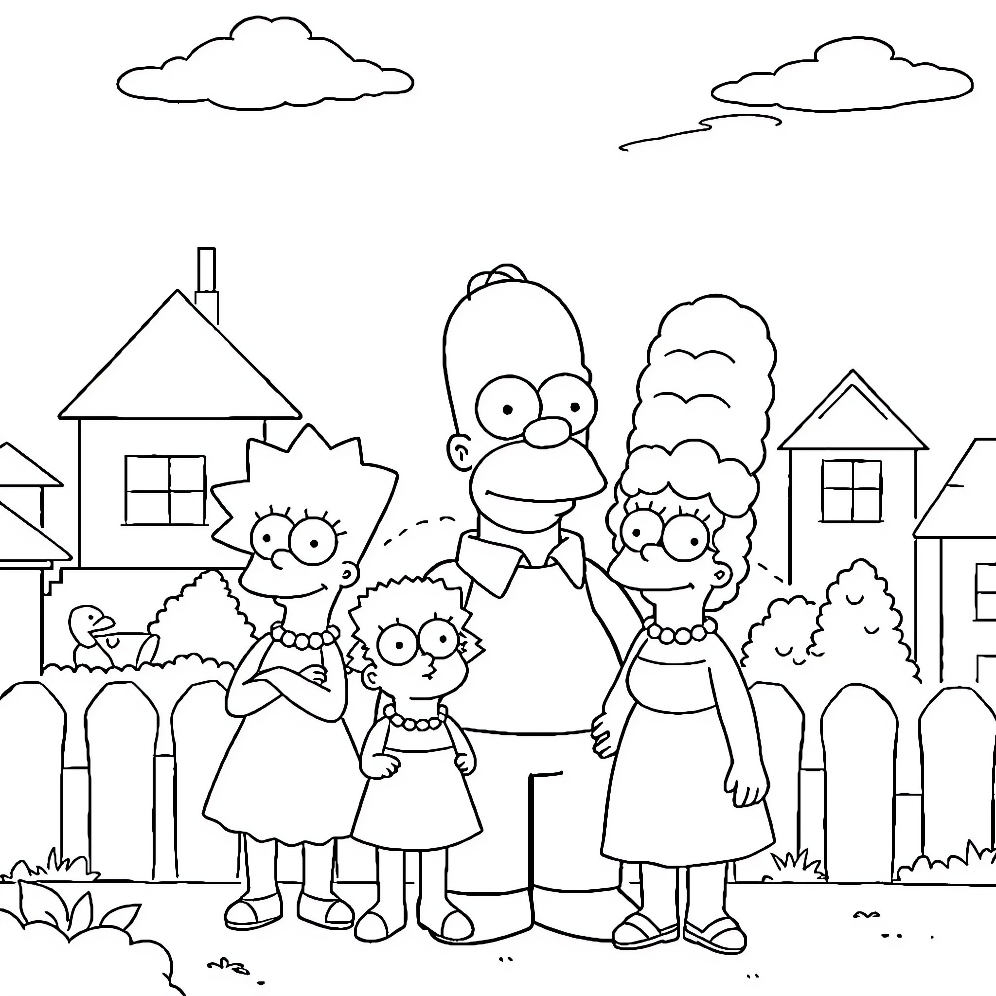 Simpson family enjoying a peaceful day outdoors Coloring Page (free black-and-white line drawing printable PDF for all, from beginners to advanced learners, including children, teens, adults, and seniors)