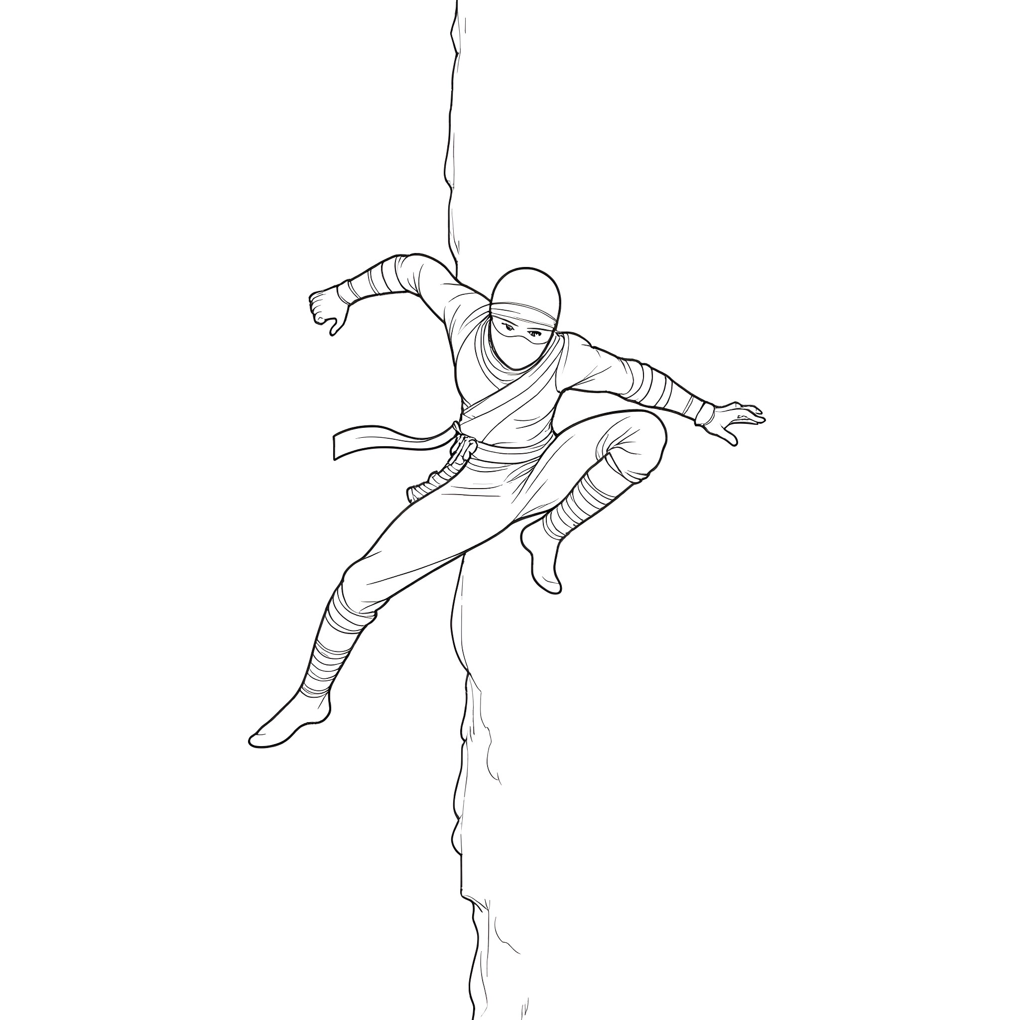 Ninja Performing Acrobatic Leap Coloring Page (free black-and-white line drawing printable PDF for all, from beginners to advanced learners, including children, teens, adults, and seniors)