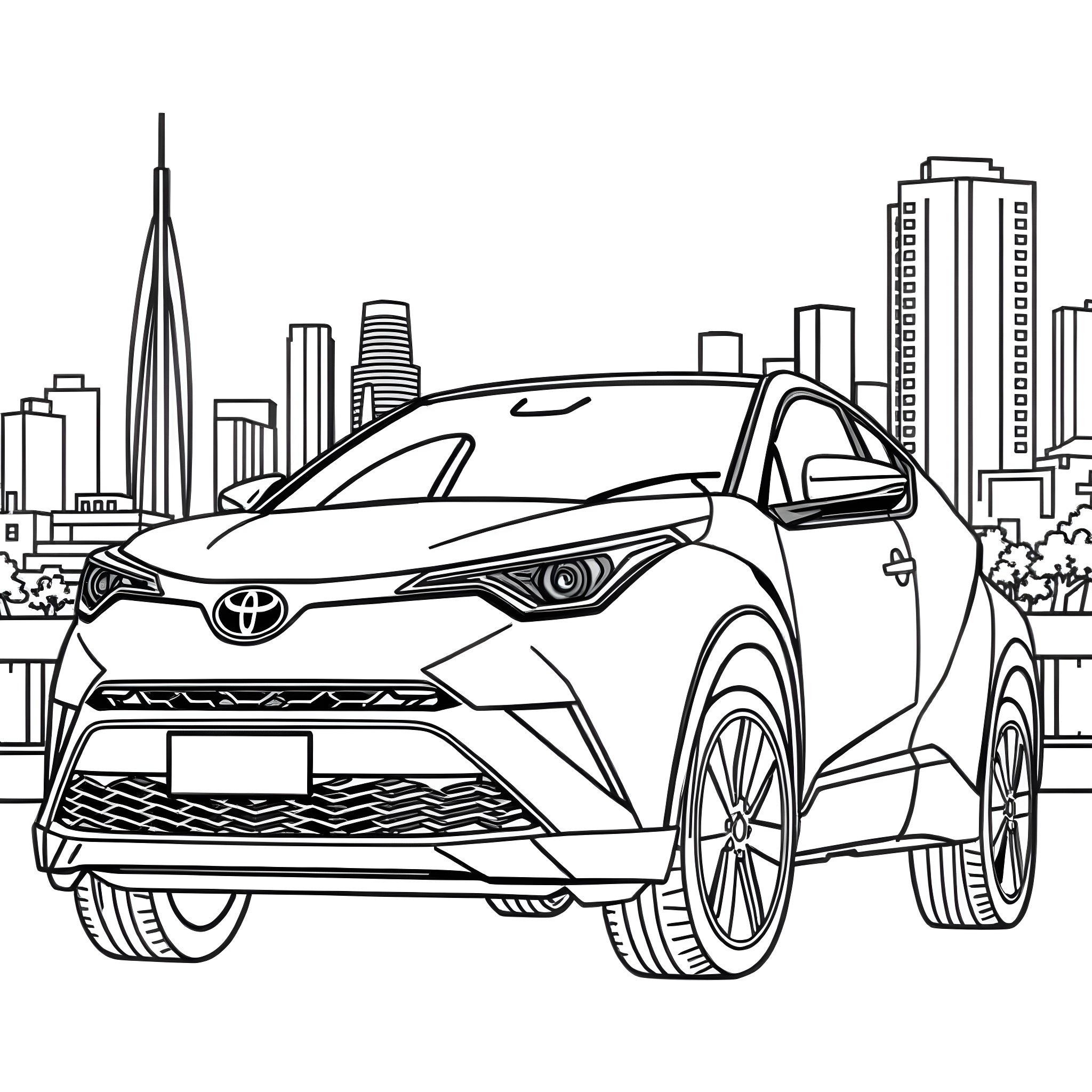 Toyota C-HR driving through the city skyline Coloring Page (free black-and-white line drawing printable PDF for all, from beginners to advanced learners, including children, teens, adults, and seniors)