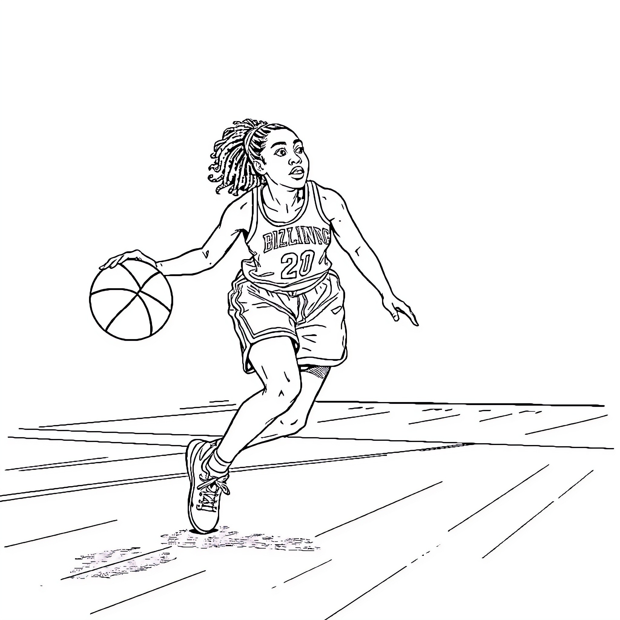 Dijoni Carrington's Basketball Moves on the Court Coloring Page (free black-and-white line drawing printable PDF for all, from beginners to advanced learners, including children, teens, adults, and seniors)