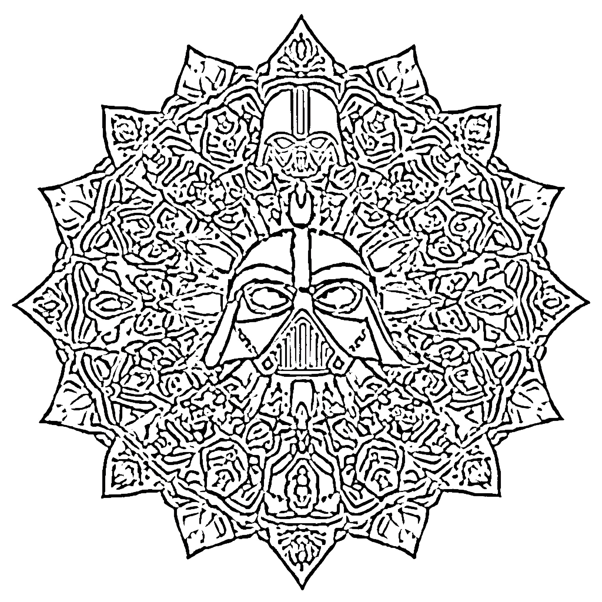 Star Wars Darth Vader Mandala Design Coloring Page (free black-and-white line drawing printable PDF for all, from beginners to advanced learners, including children, teens, adults, and seniors)