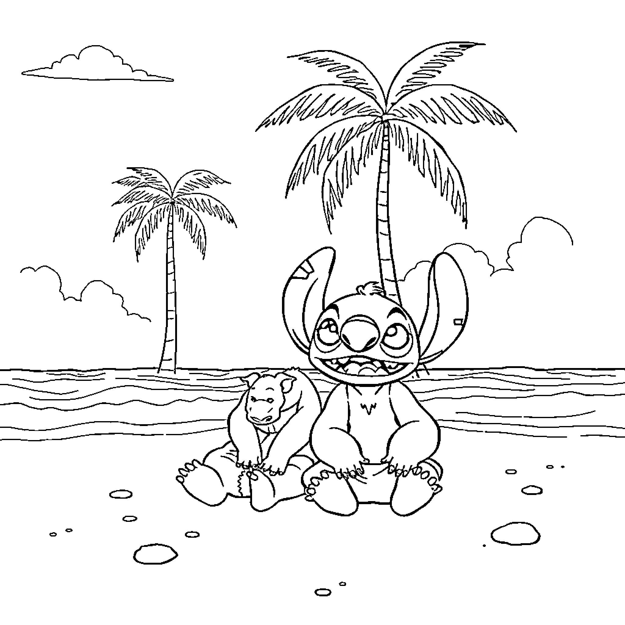 Lilo relaxing on the beach with palm trees Coloring Page (free black-and-white line drawing printable PDF for all, from beginners to advanced learners, including children, teens, adults, and seniors)