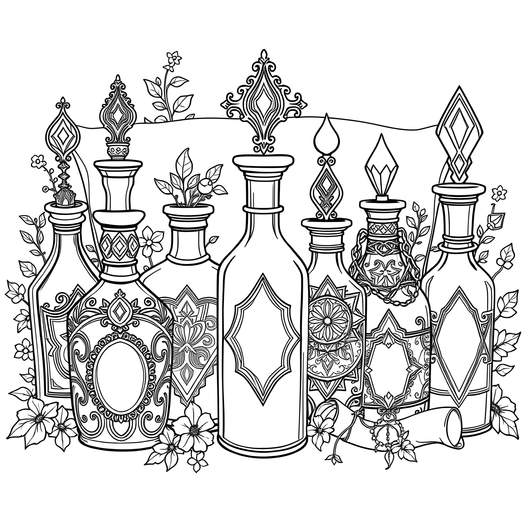 Potion bottles with intricate designs Coloring Page (free black-and-white line drawing printable PDF for all, from beginners to advanced learners, including children, teens, adults, and seniors)