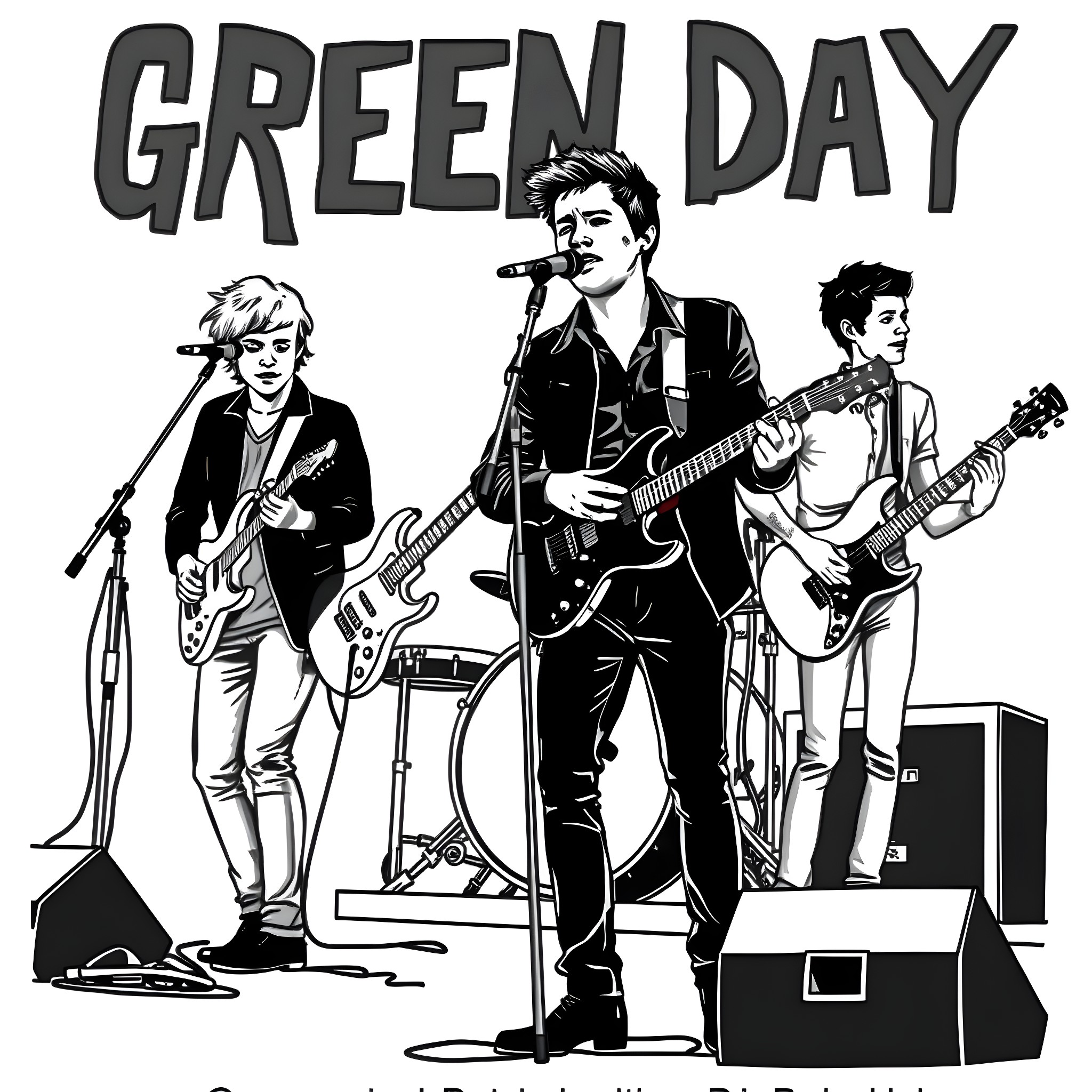 Green Day Band Members Performing on Stage Coloring Page (free black-and-white line drawing printable PDF for all, from beginners to advanced learners, including children, teens, adults, and seniors)