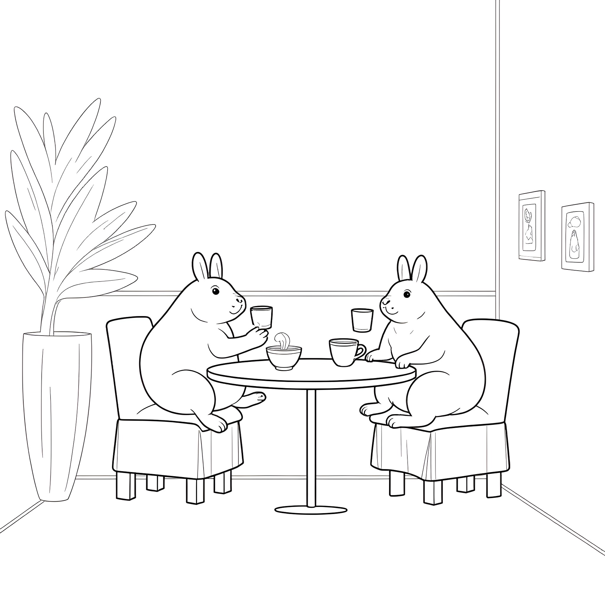 Capybara friends enjoying tea time together Coloring Page (free black-and-white line drawing printable PDF for all, from beginners to advanced learners, including children, teens, adults, and seniors)
