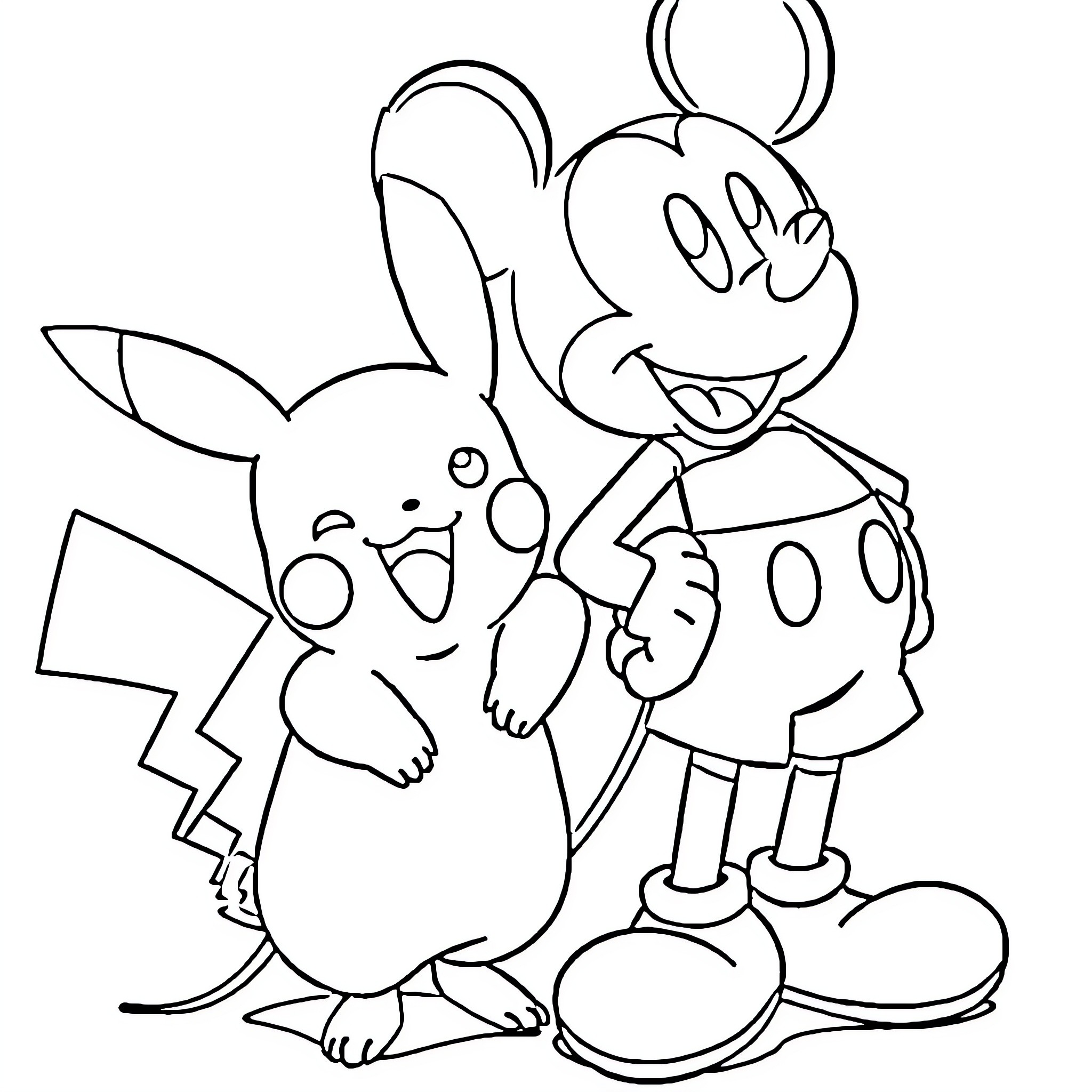 Pikachu and Mickey Mouse in a Playful Scene Coloring Page (free black-and-white line drawing printable PDF for all, from beginners to advanced learners, including children, teens, adults, and seniors)