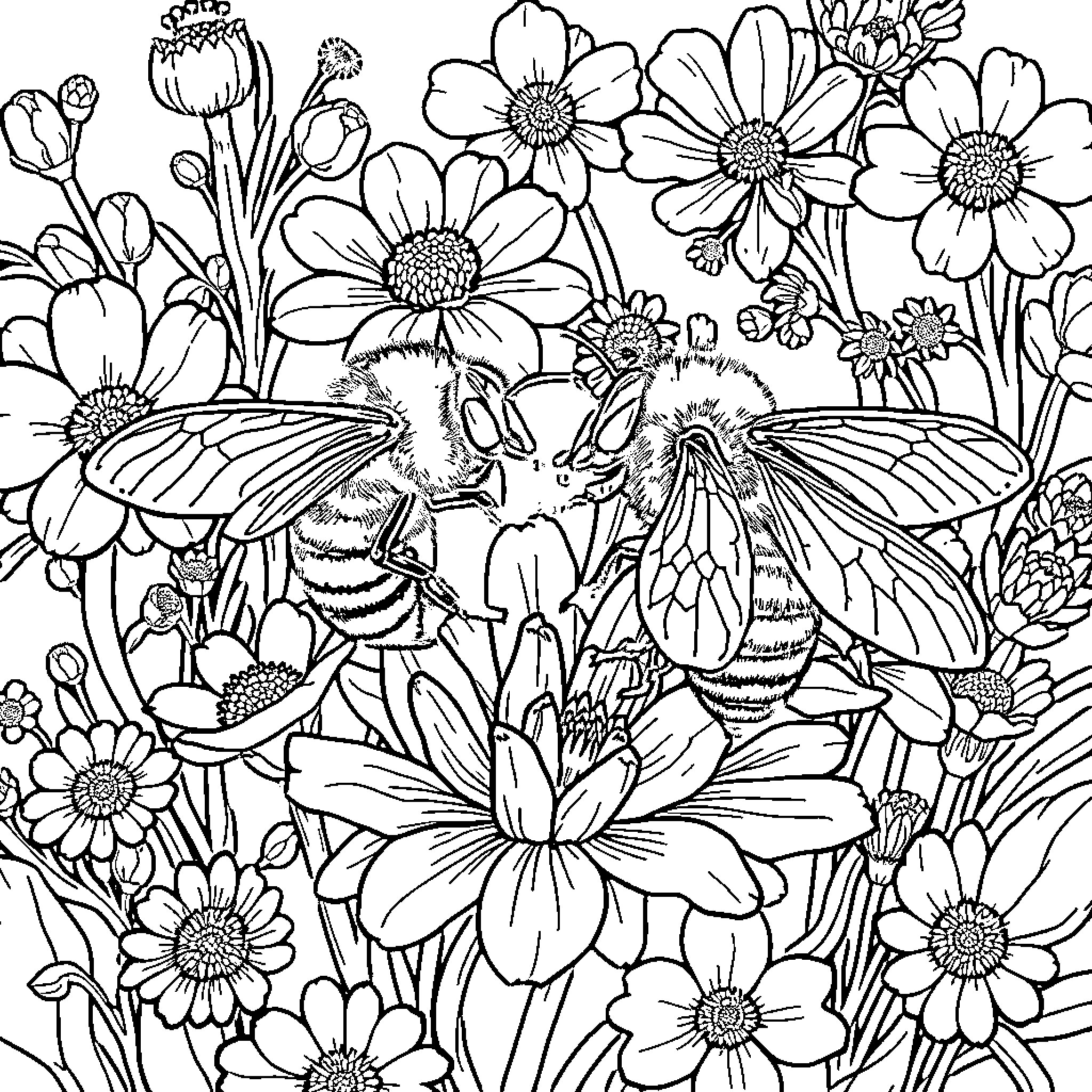 Melipona bees pollinating vibrant flowers Coloring Page (free black-and-white line drawing printable PDF for all, from beginners to advanced learners, including children, teens, adults, and seniors)