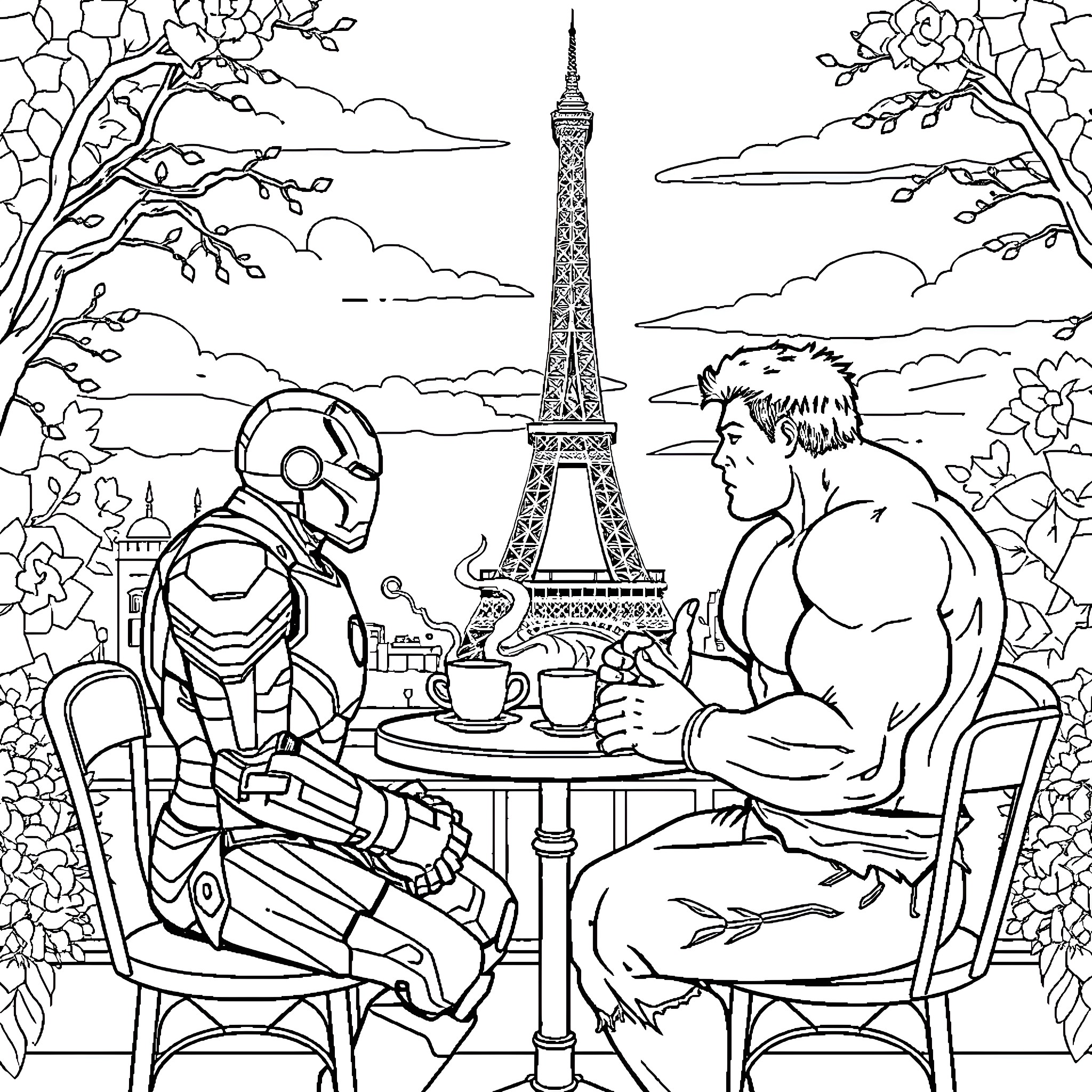 Ironman enjoying a Parisian cafe with a local Coloring Page (free black-and-white line drawing printable PDF for all, from beginners to advanced learners, including children, teens, adults, and seniors)