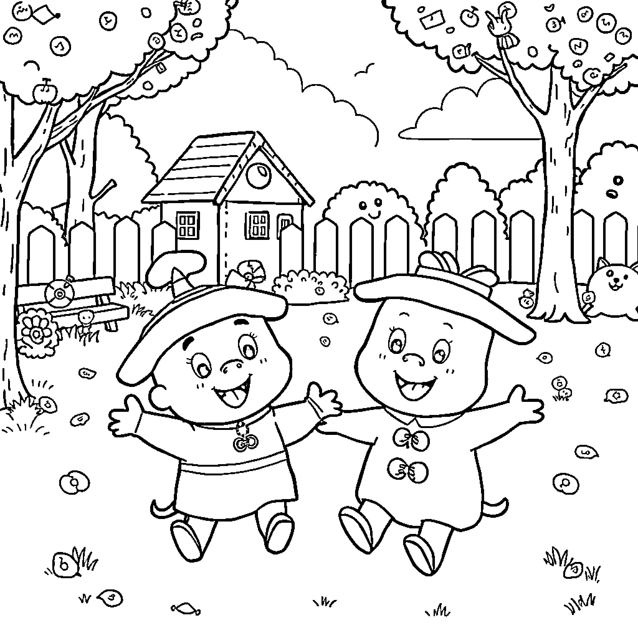 Characters playing in a whimsical outdoor scene Coloring Page (free black-and-white line drawing printable PDF for all, from beginners to advanced learners, including children, teens, adults, and seniors)