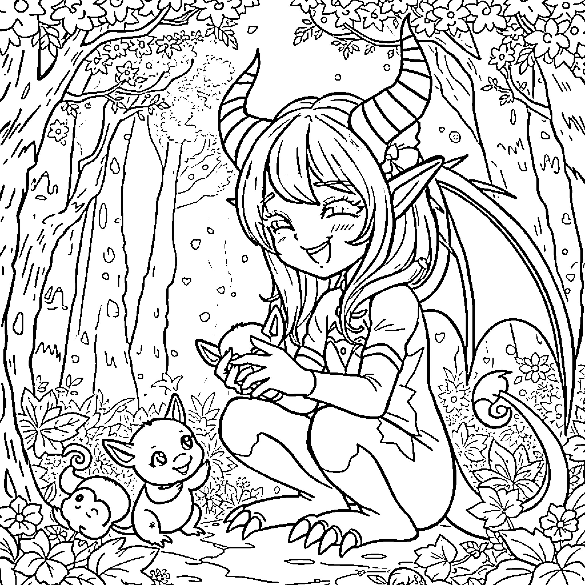 Demon girl frolicking with adorable creatures in the forest Coloring Page (free black-and-white line drawing printable PDF for all, from beginners to advanced learners, including children, teens, adults, and seniors)