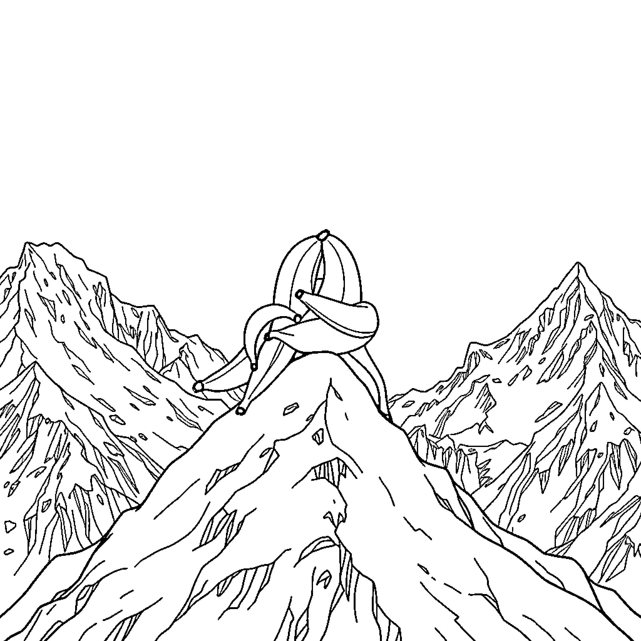 Banana Mountaineer Scaling Snowy Peak Coloring Page (free black-and-white line drawing printable PDF for all, from beginners to advanced learners, including children, teens, adults, and seniors)