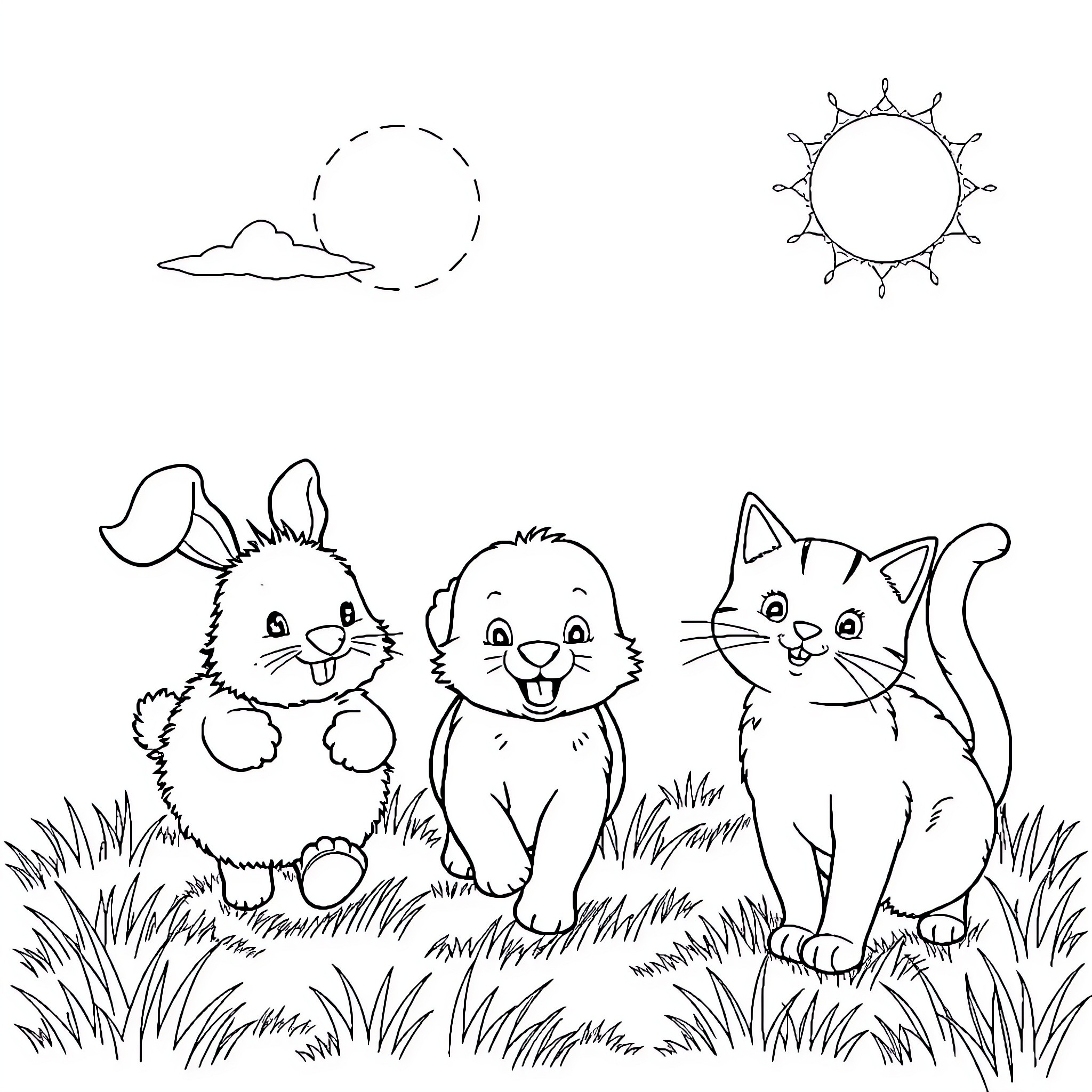 Animal friends playing in the meadow Coloring Page (free black-and-white line drawing printable PDF for all, from beginners to advanced learners, including children, teens, adults, and seniors)