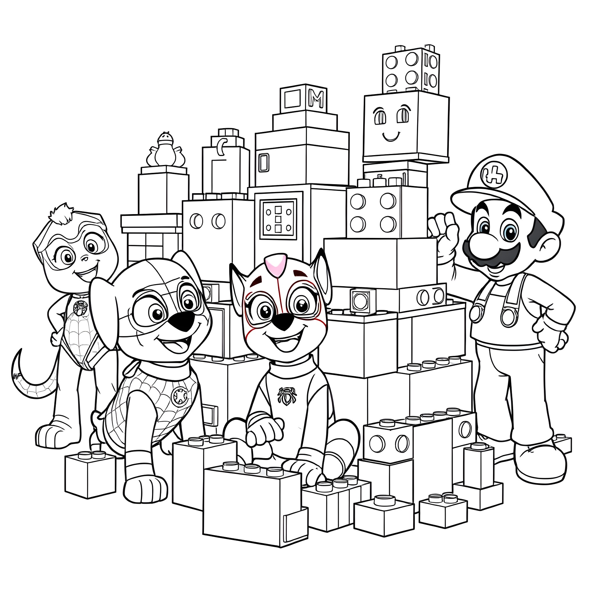 Character Building with Lego-like Toys Coloring Page (free black-and-white line drawing printable PDF for all, from beginners to advanced learners, including children, teens, adults, and seniors)