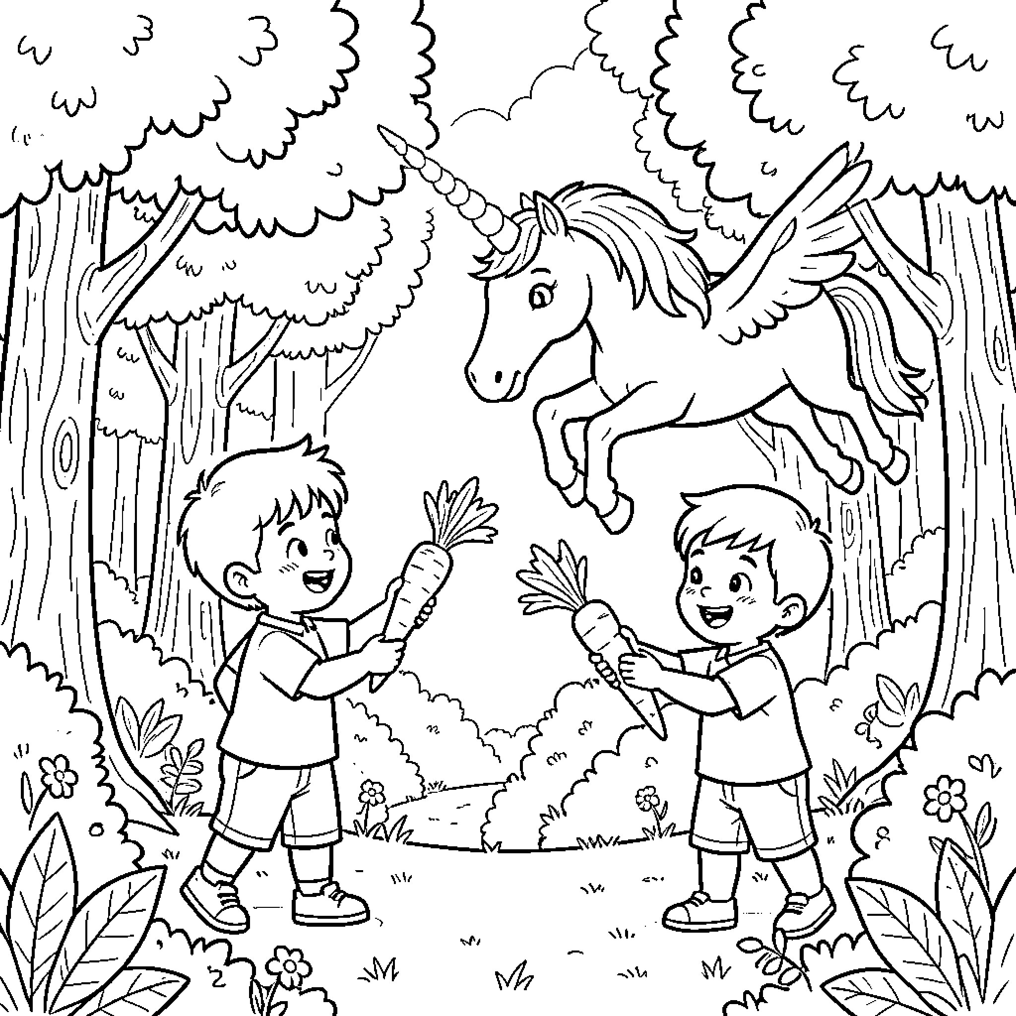 Unicorn Frolicking with Joyful Children in Enchanted Forest Coloring Page (free black-and-white line drawing printable PDF for all, from beginners to advanced learners, including children, teens, adults, and seniors)