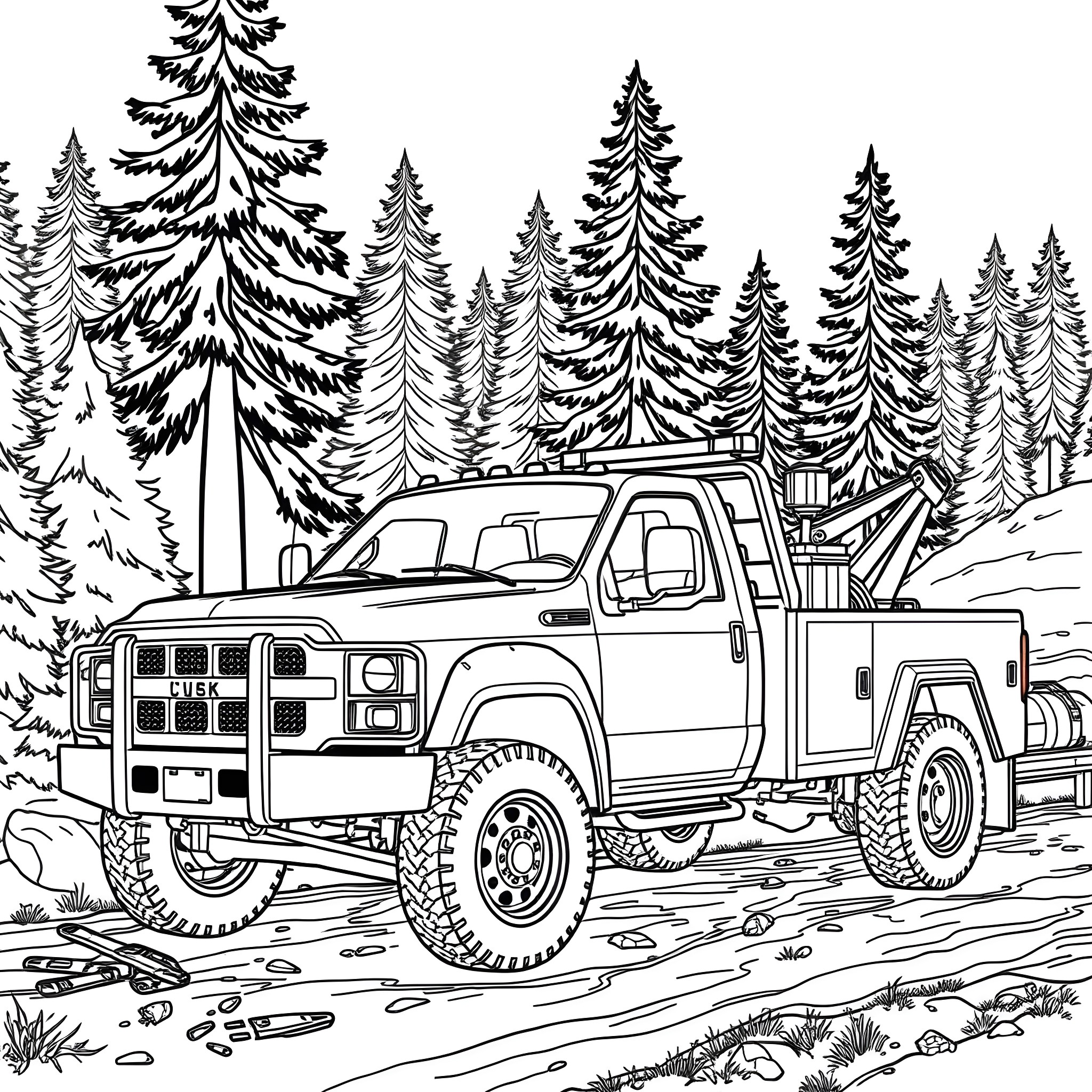 Rollback Wrecker Truck Pulling Broken Down Vehicle in Snowy Forest Coloring Page (free black-and-white line drawing printable PDF for all, from beginners to advanced learners, including children, teens, adults, and seniors)