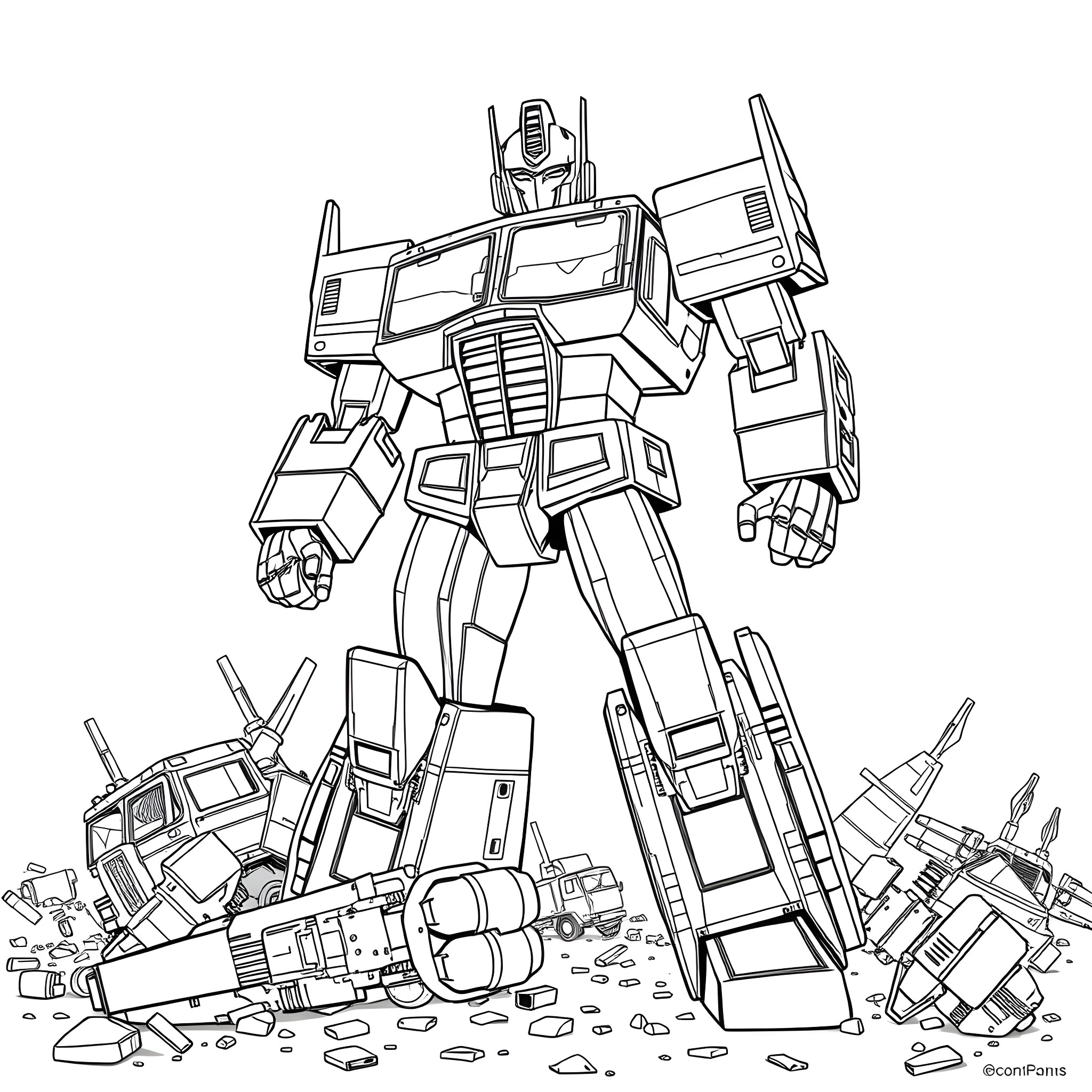 Optimus Prime leading the charge against Decepticons Coloring Page (free black-and-white line drawing printable PDF for all, from beginners to advanced learners, including children, teens, adults, and seniors)