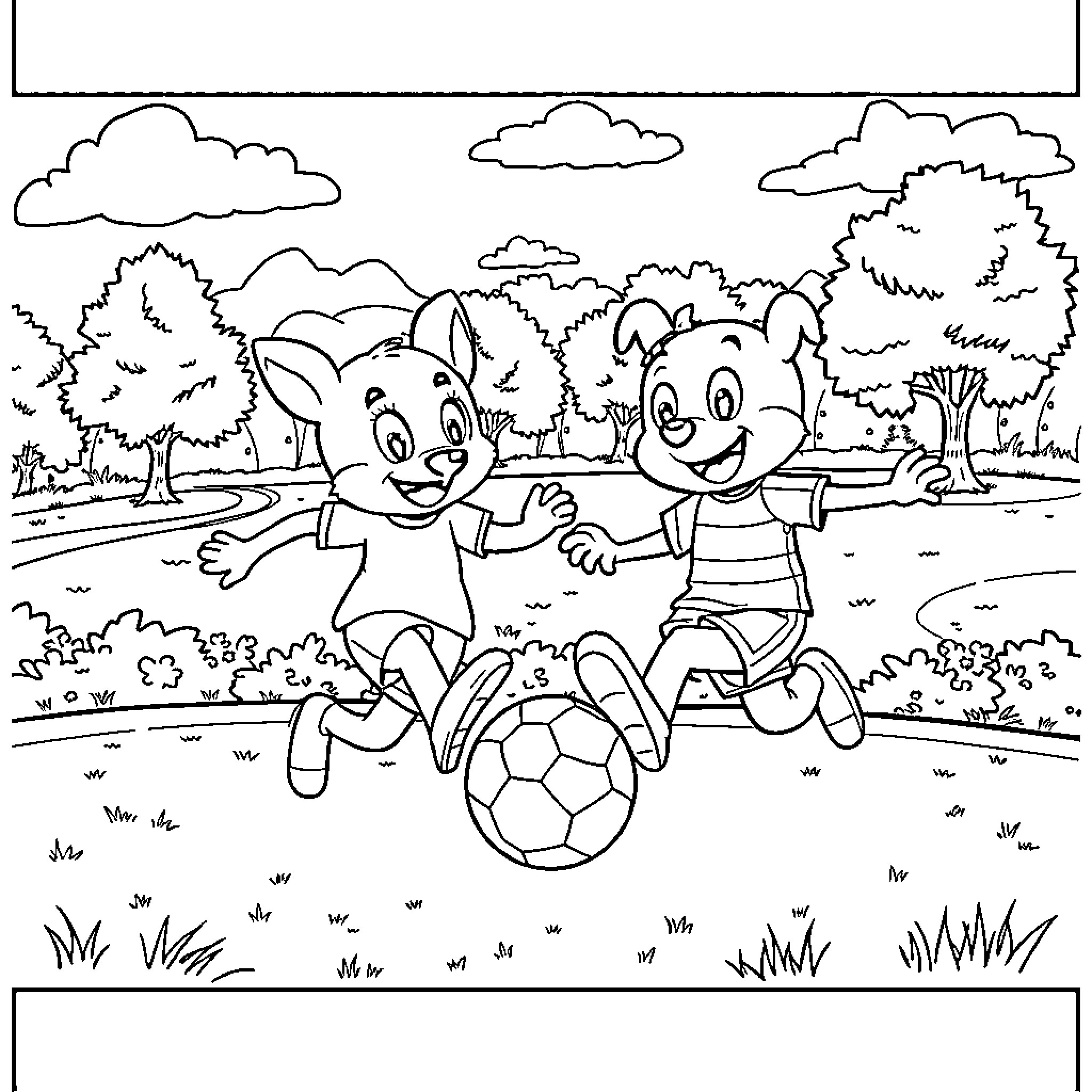 Bluey siblings playing with soccer ball in the park Coloring Page (free black-and-white line drawing printable PDF for all, from beginners to advanced learners, including children, teens, adults, and seniors)