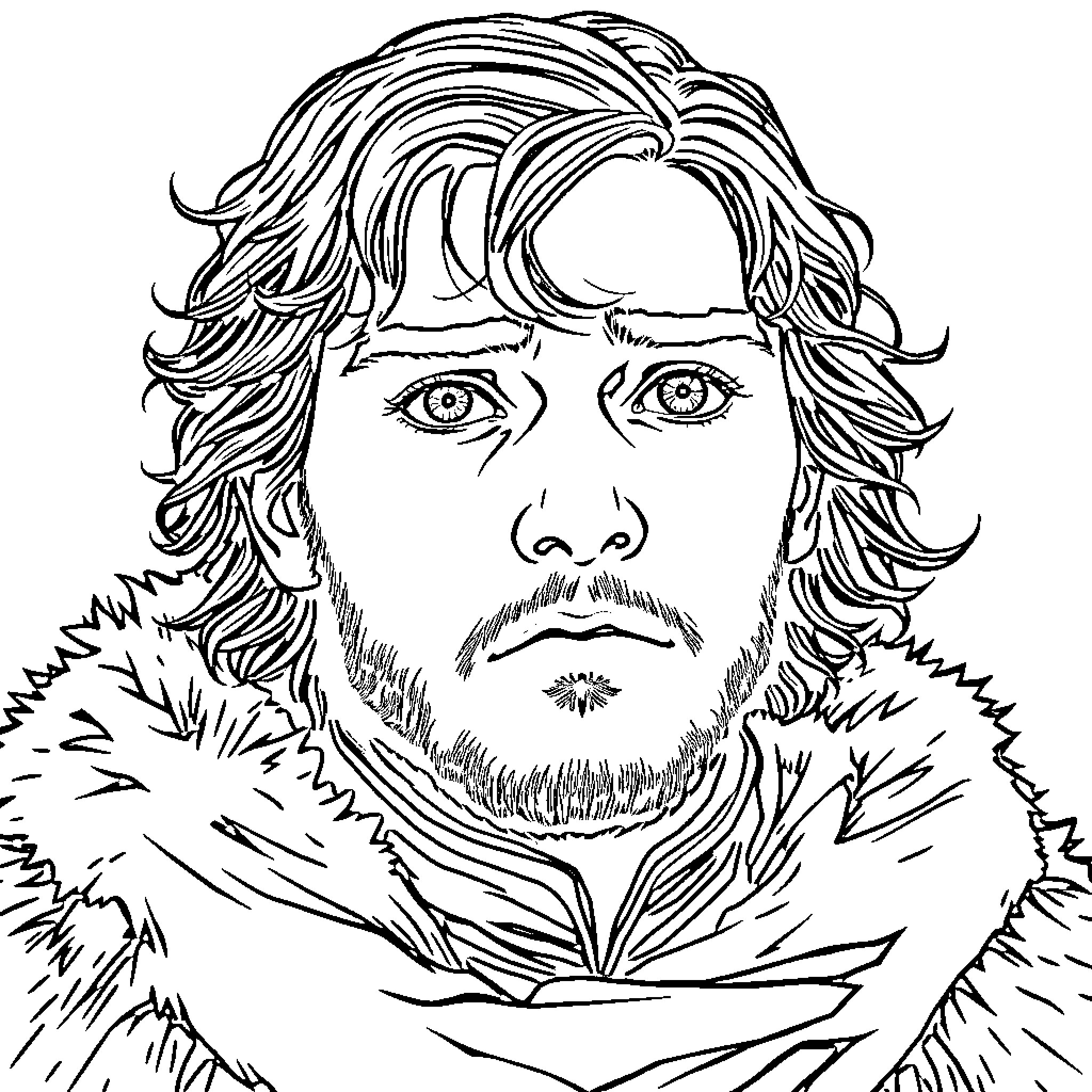 Jon Snow in a dramatic expression Coloring Page (free black-and-white line drawing printable PDF for all, from beginners to advanced learners, including children, teens, adults, and seniors)