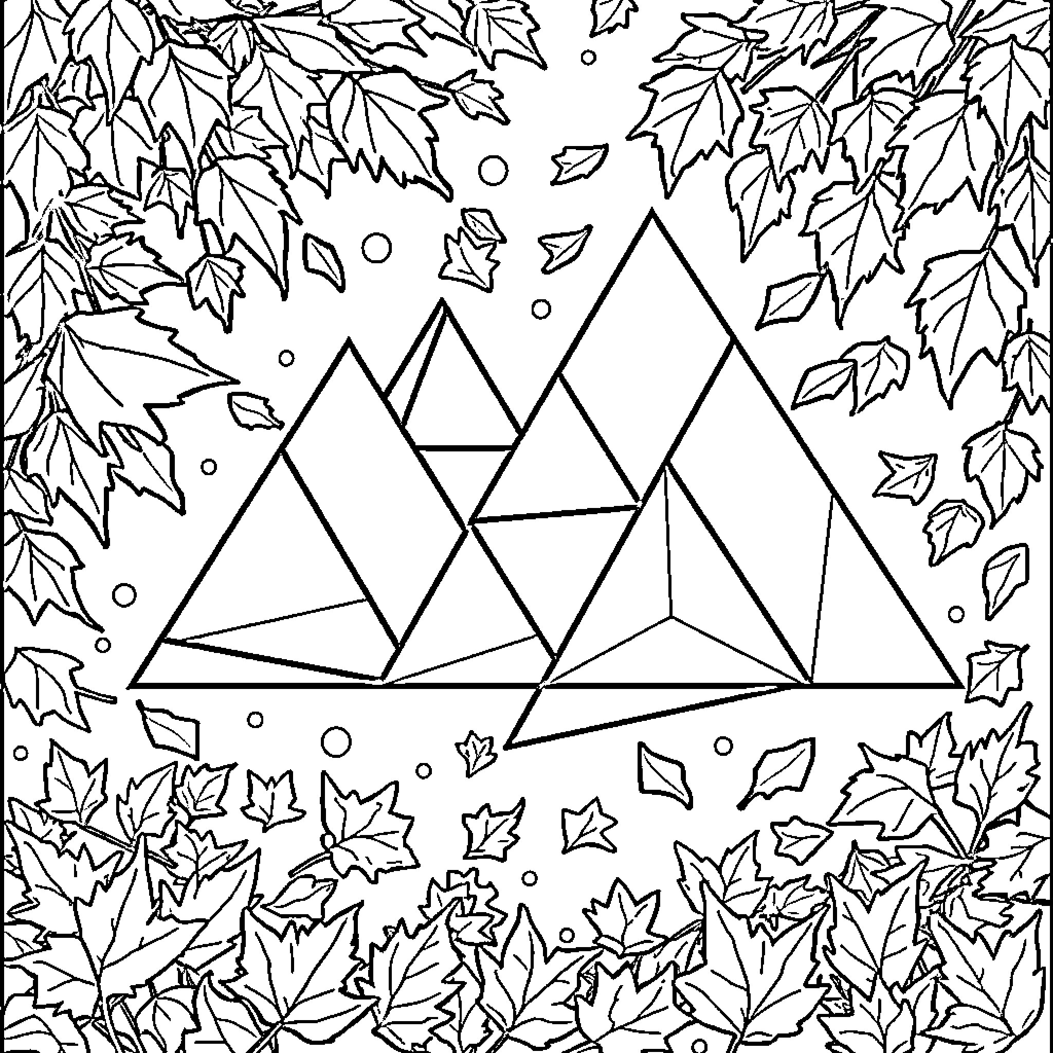 Triangle Forest Landscape with Falling Leaves Coloring Page (free black-and-white line drawing printable PDF for all, from beginners to advanced learners, including children, teens, adults, and seniors)